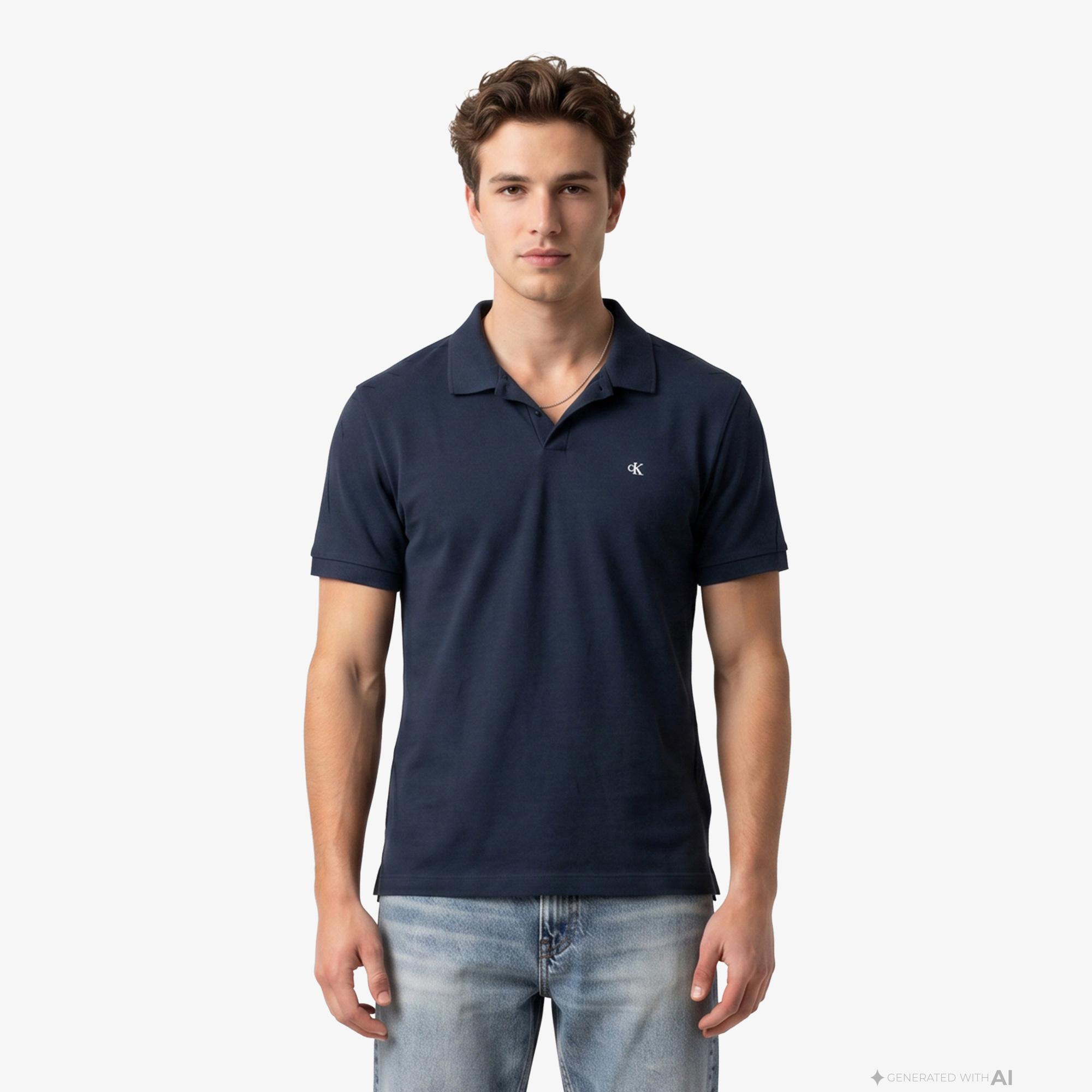 Calvin Klein Open Collar Casual Pique Erkek Mavi Polo