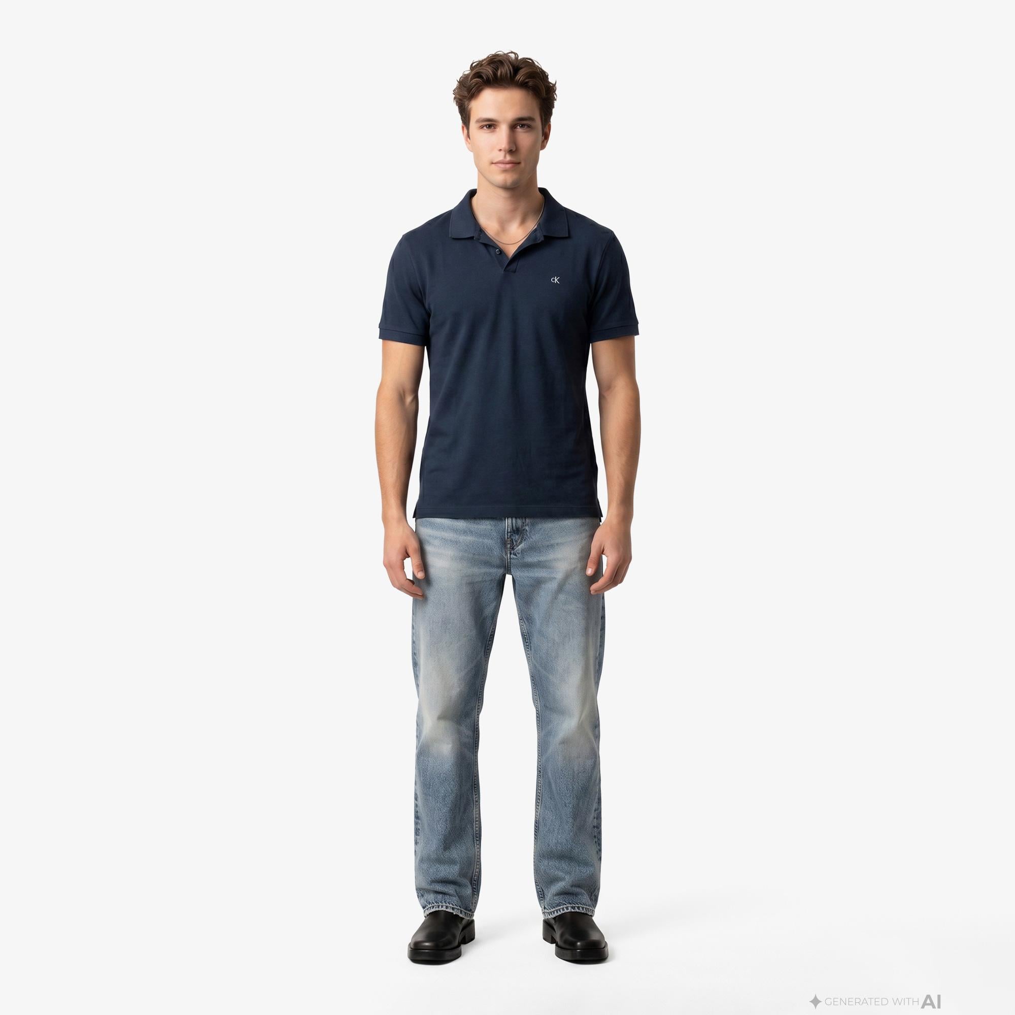 Calvin Klein Open Collar Casual Pique Erkek Mavi Polo