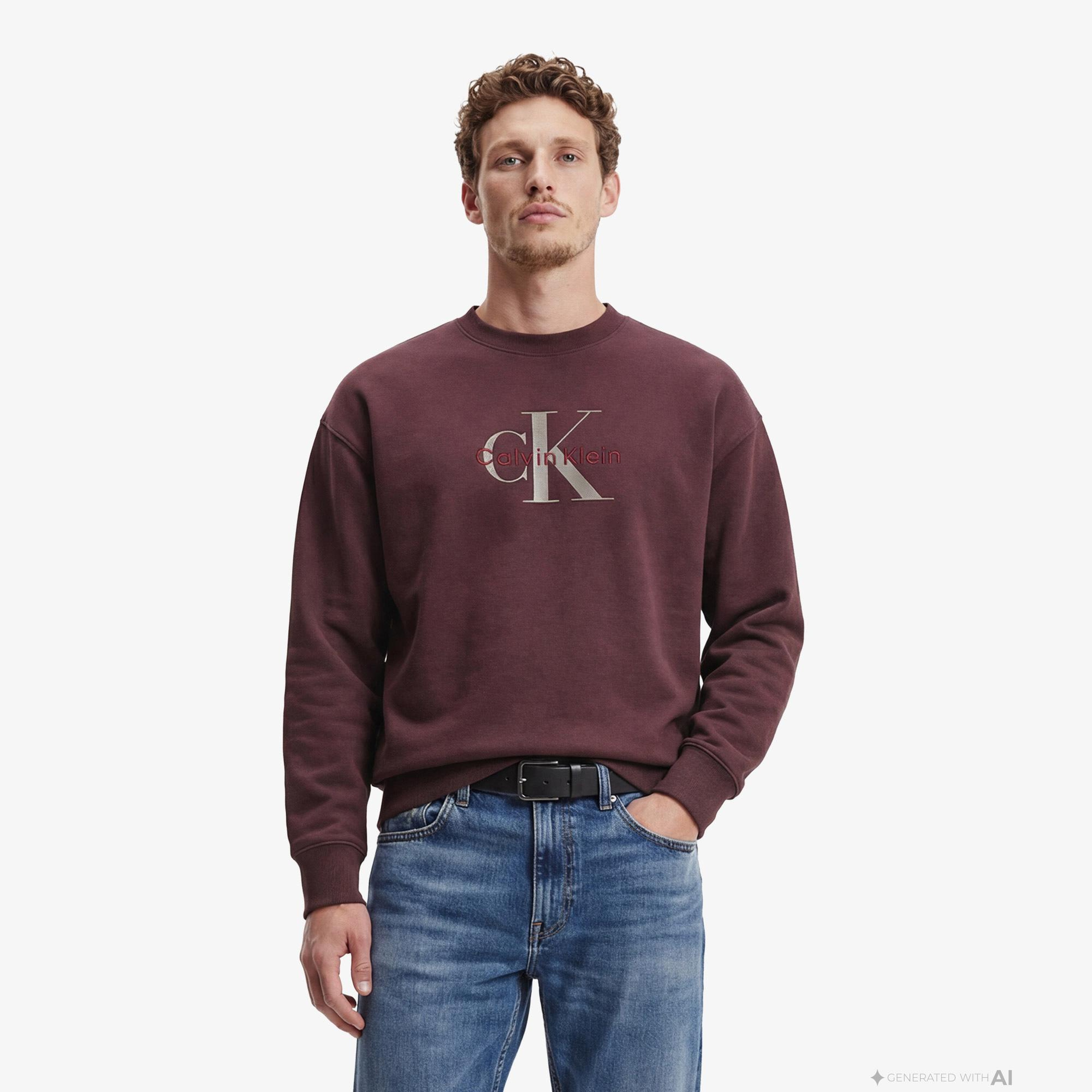 Calvin Klein Premium Terry Monologo Erkek Kahverengi Sweatshirt