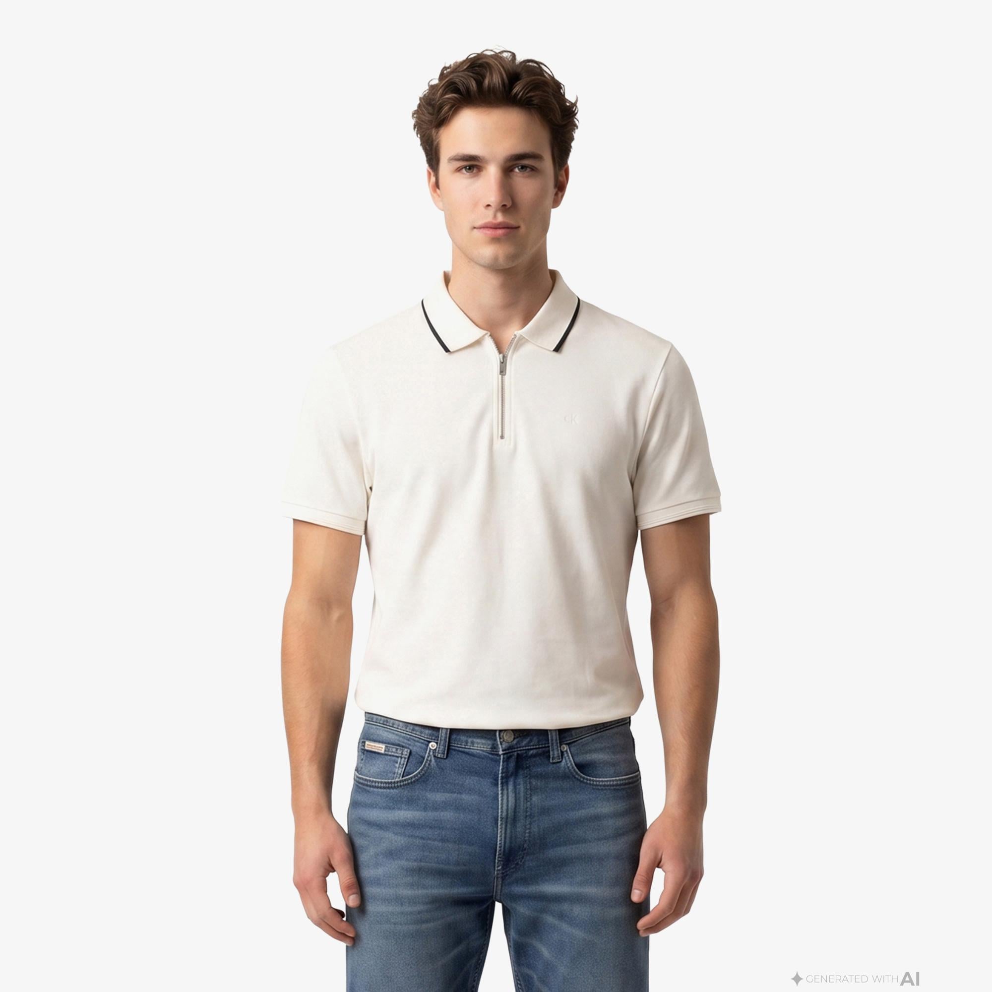 Calvin Klein Tipped Zip Pique Erkek Beyaz Polo