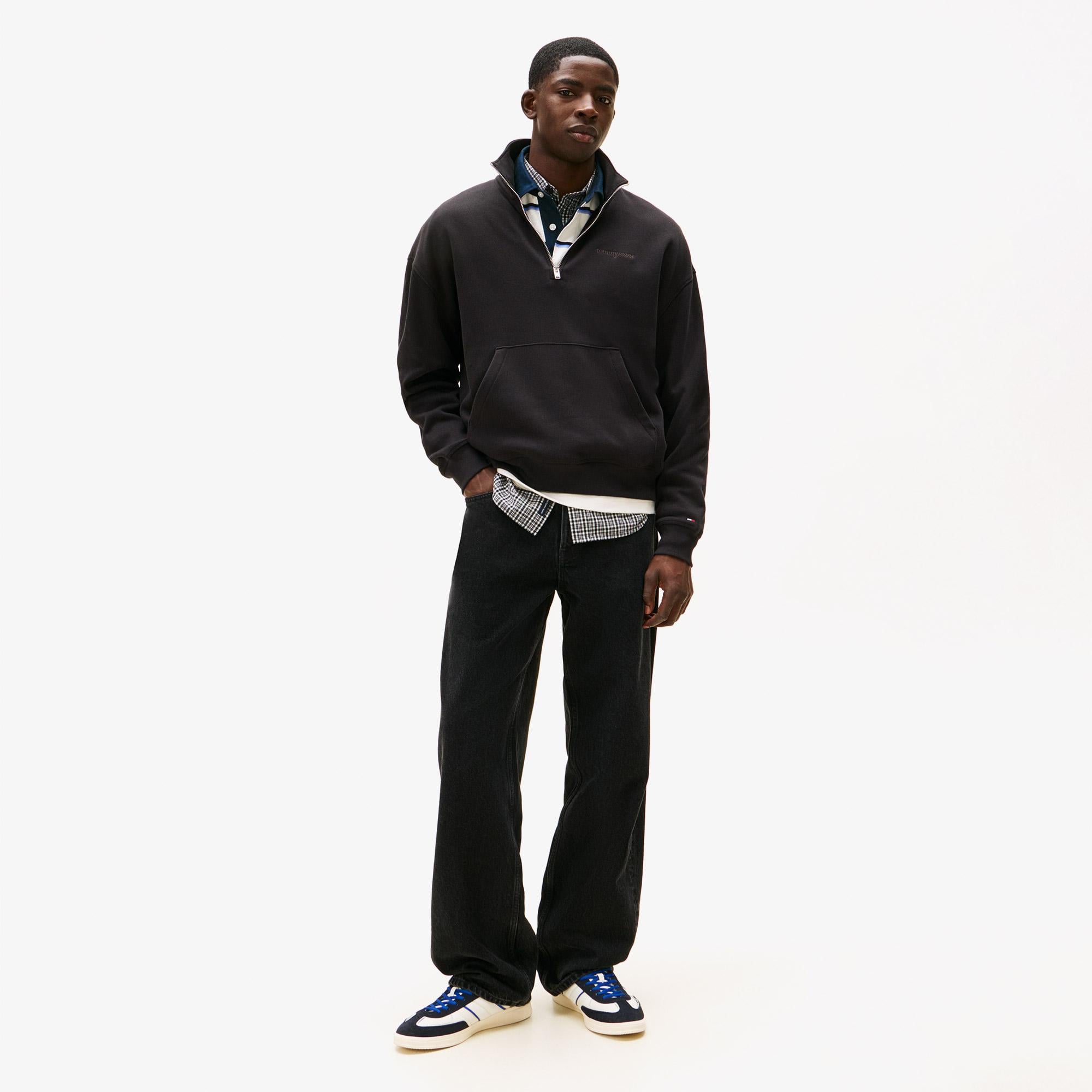Tommy Hilfiger Jeans 90s Script Rib Fleece Erkek Siyah Sweatshirt