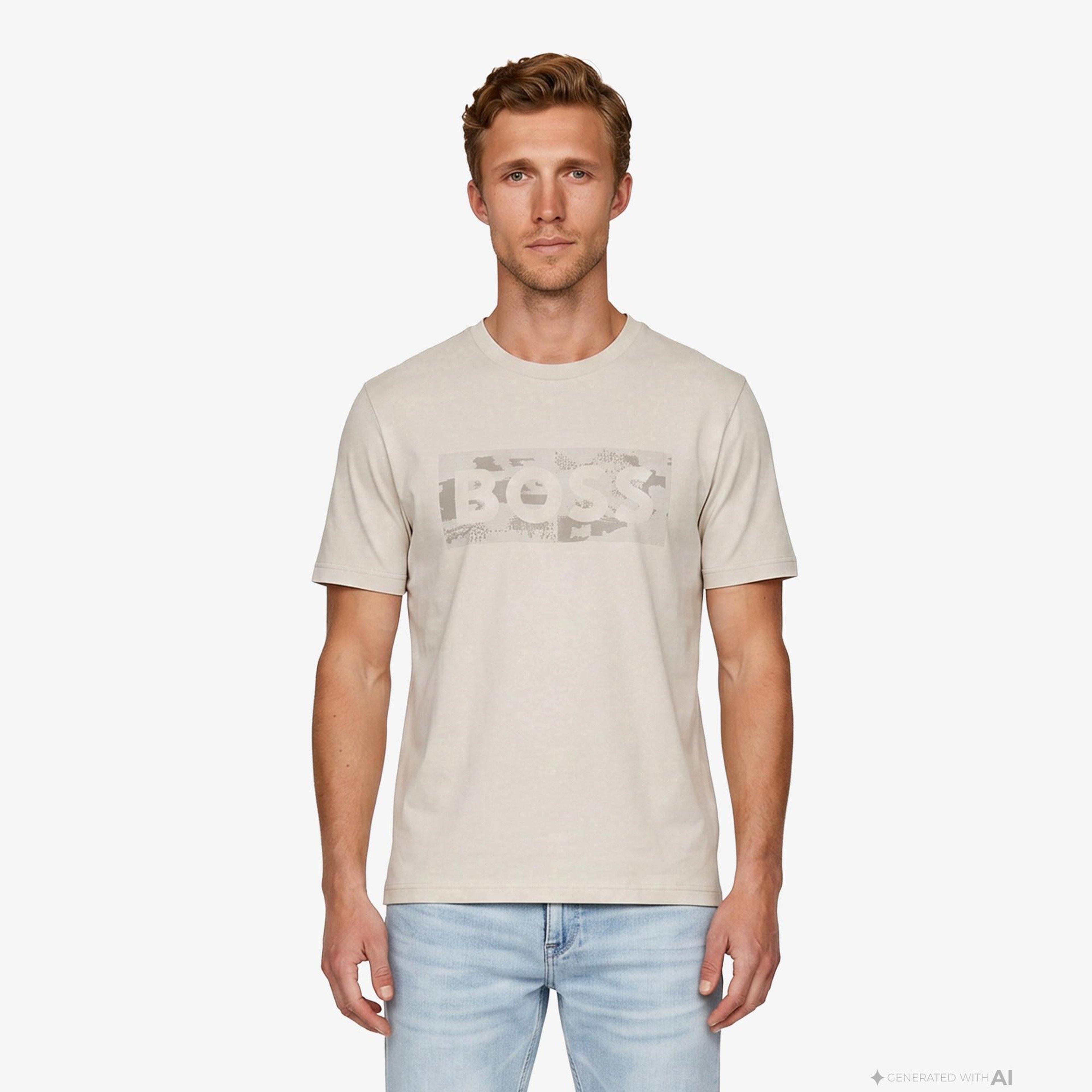 Boss Globe Logo Pattern Erkek Bej T-Shirt