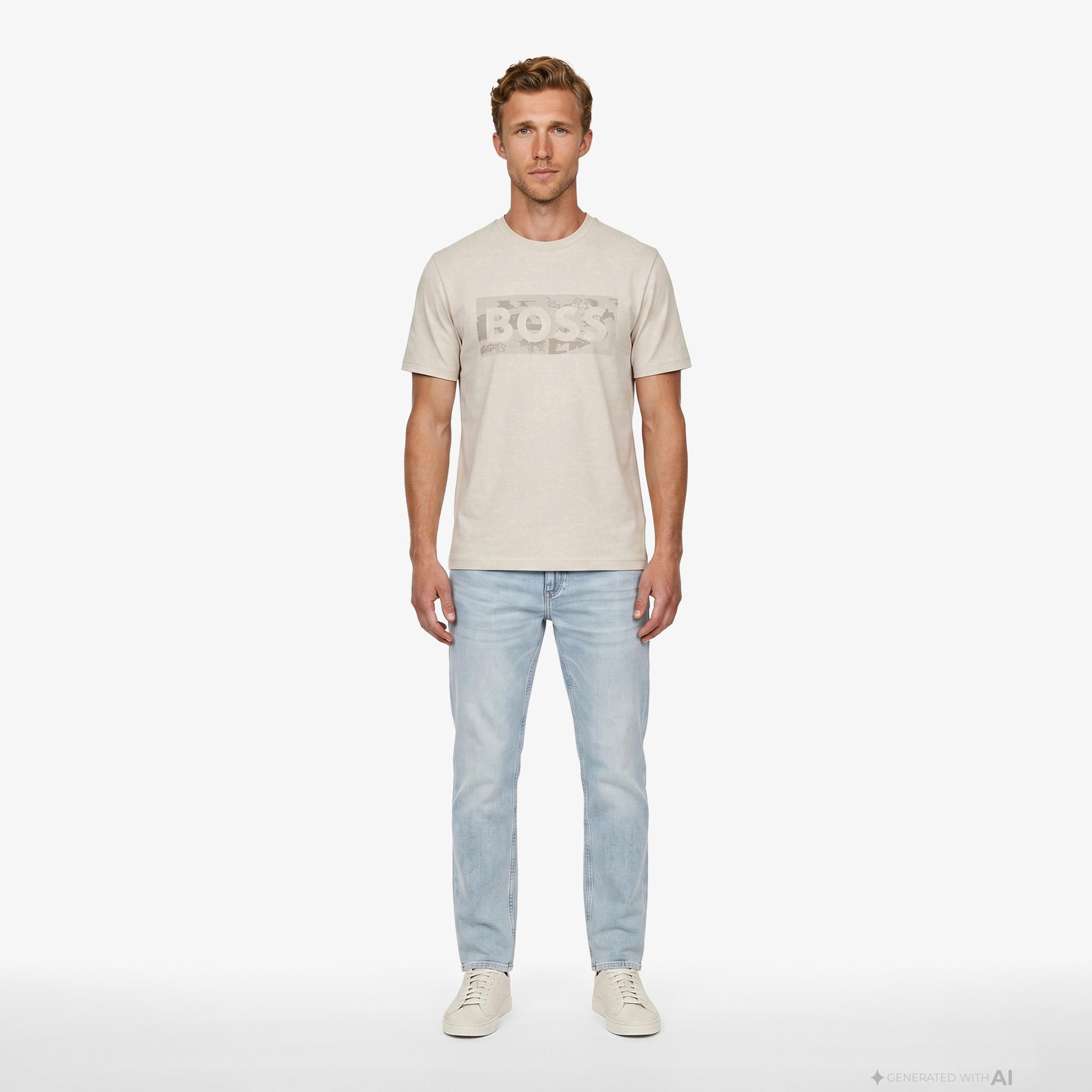 Boss Globe Logo Pattern Erkek Bej T-Shirt