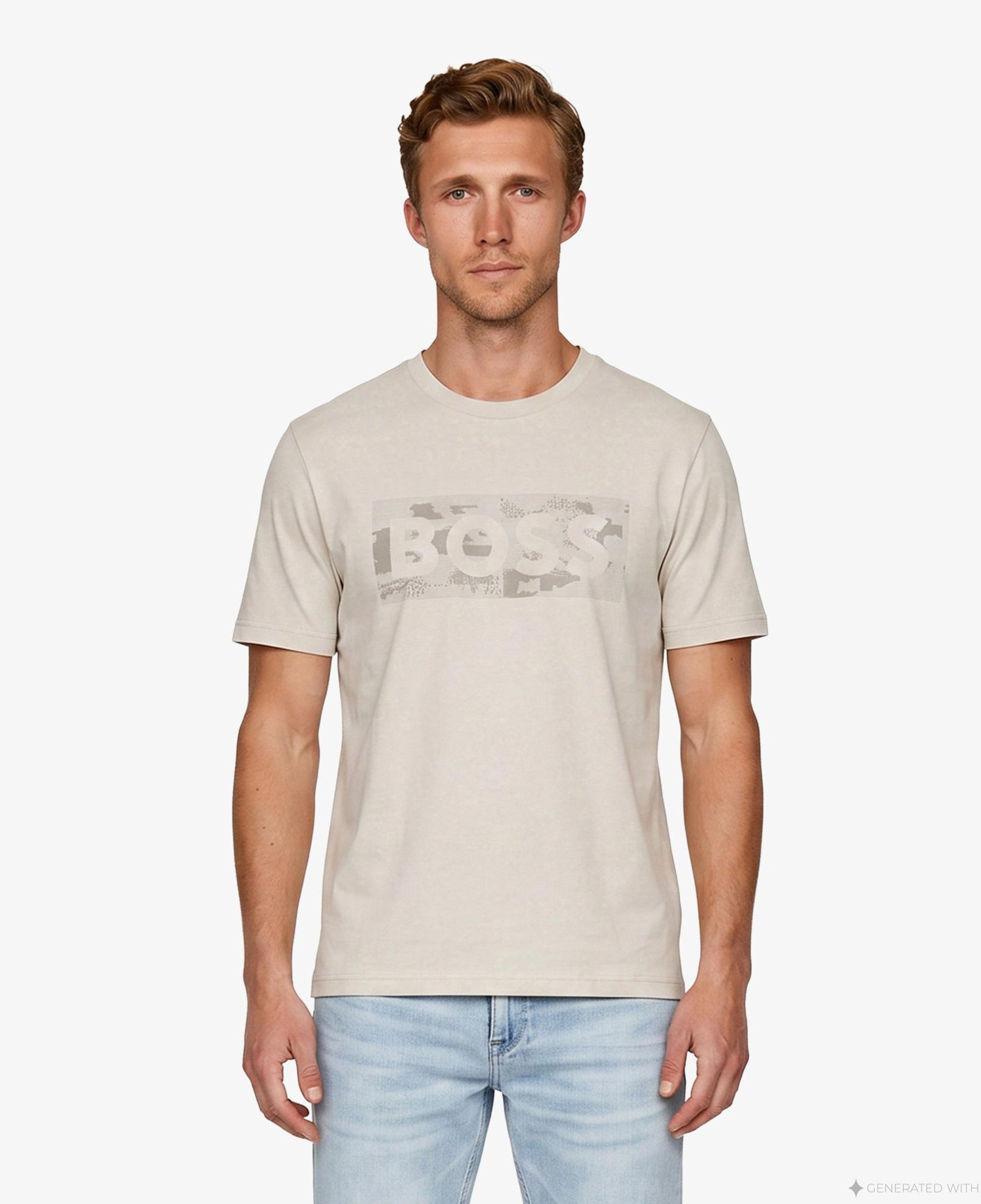 Boss Globe Logo Pattern Erkek Bej T-Shirt
