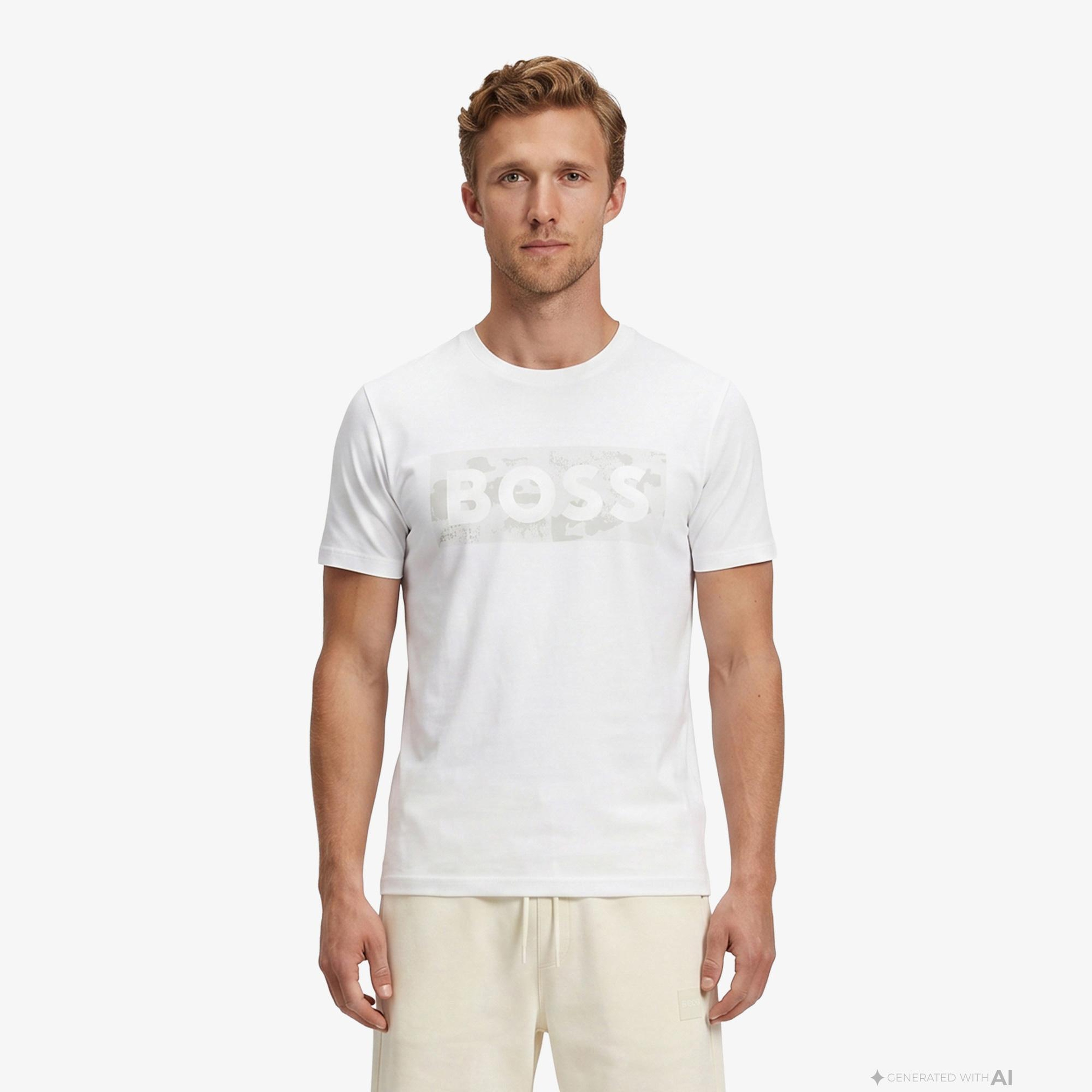 Boss Globe Logo Pattern Erkek Beyaz T-Shirt