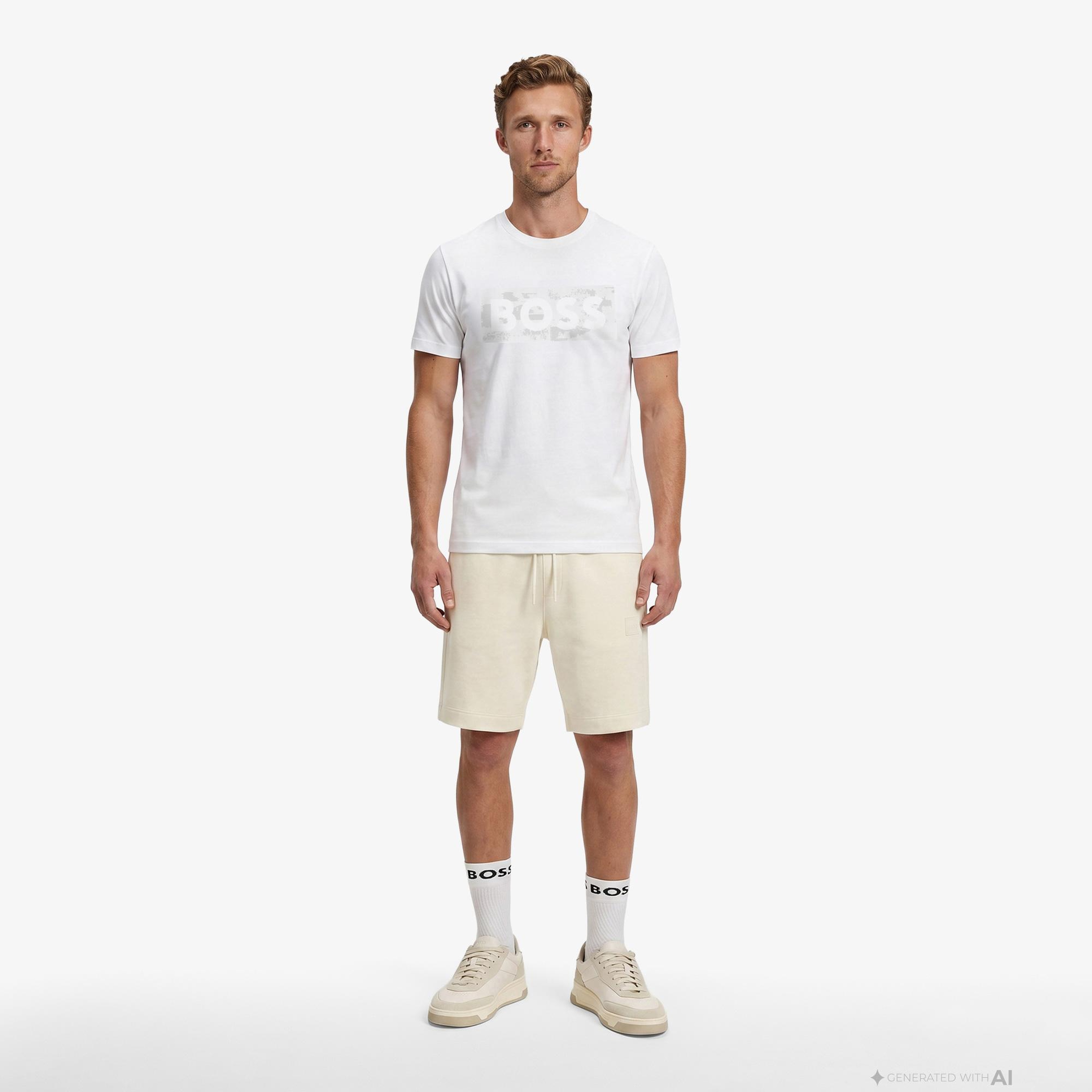 Boss Globe Logo Pattern Erkek Beyaz T-Shirt