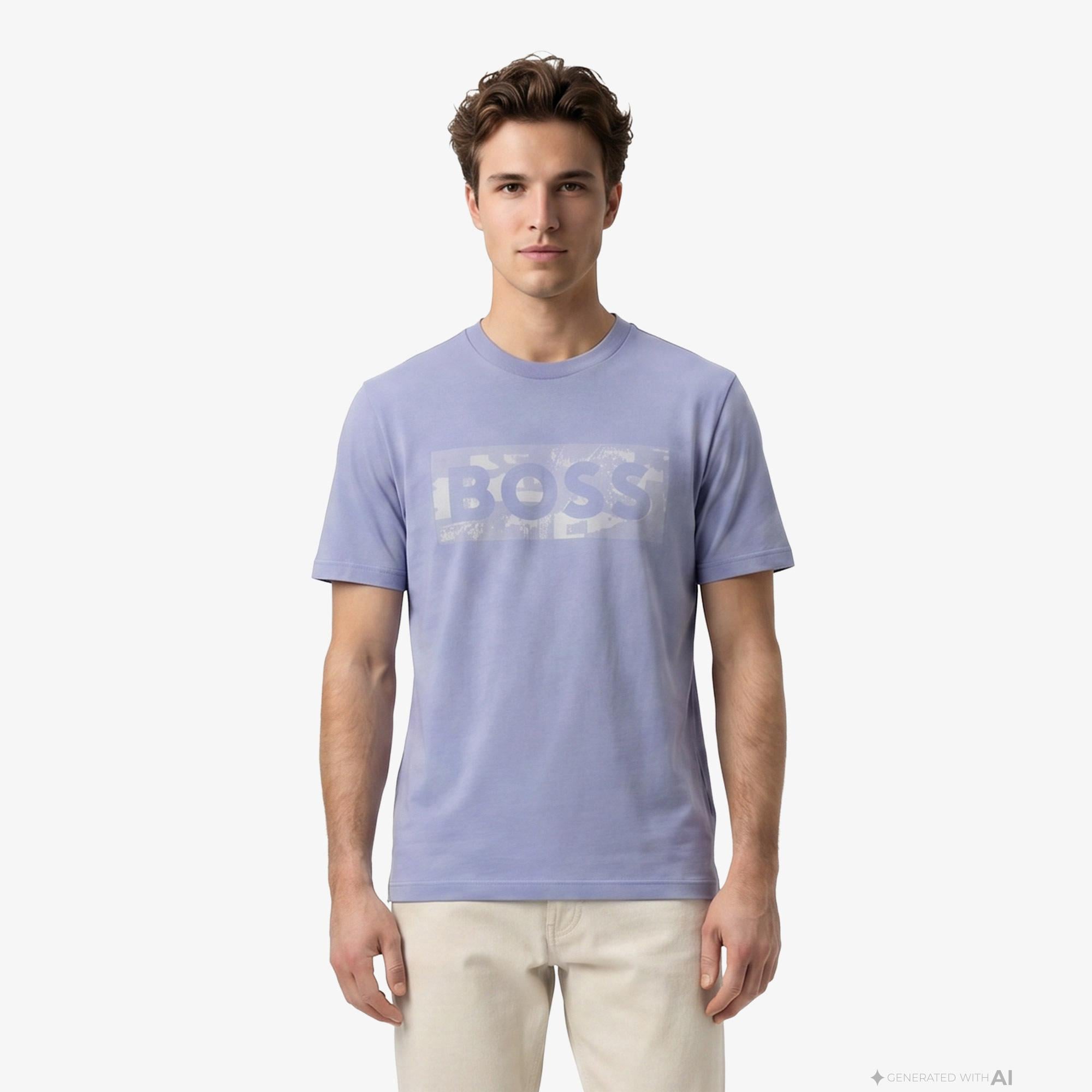Boss Globe Logo Pattern Erkek Mavi T-Shirt