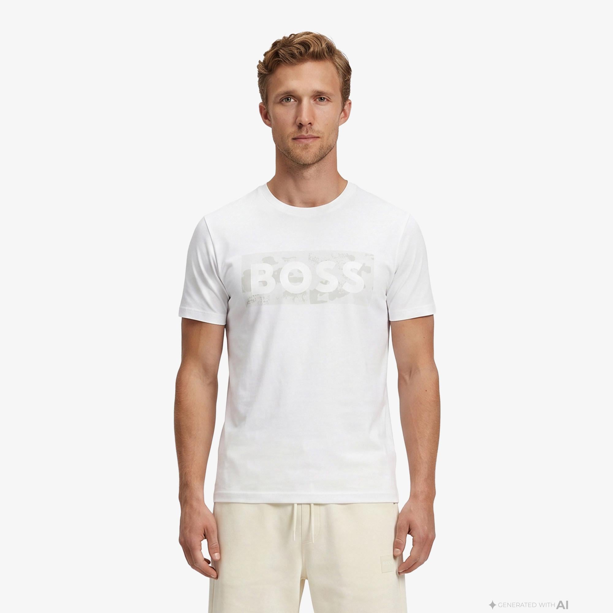 Boss Globe Logo Pattern Erkek Beyaz T-Shirt