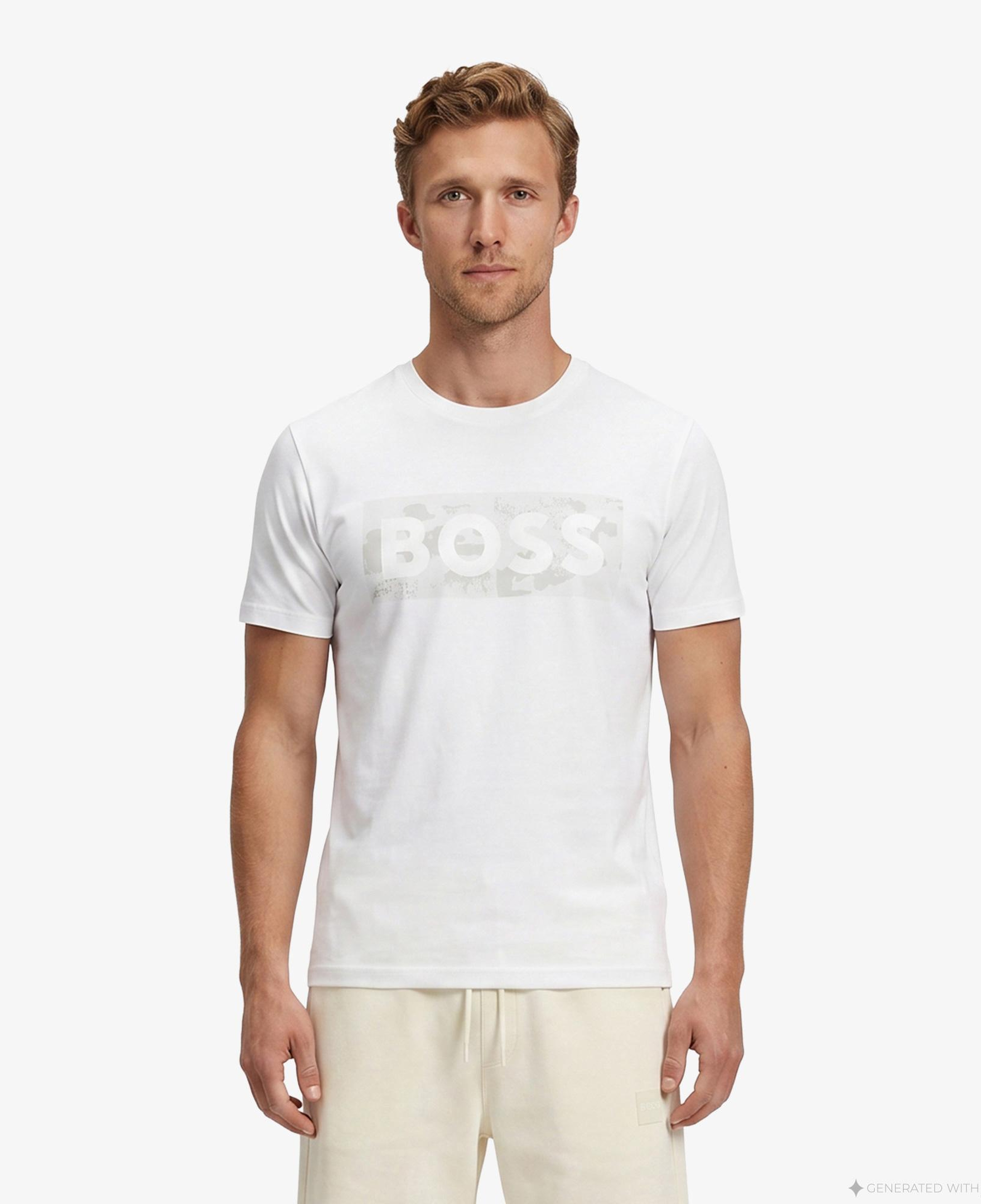 Boss Globe Logo Pattern Erkek Beyaz T-Shirt