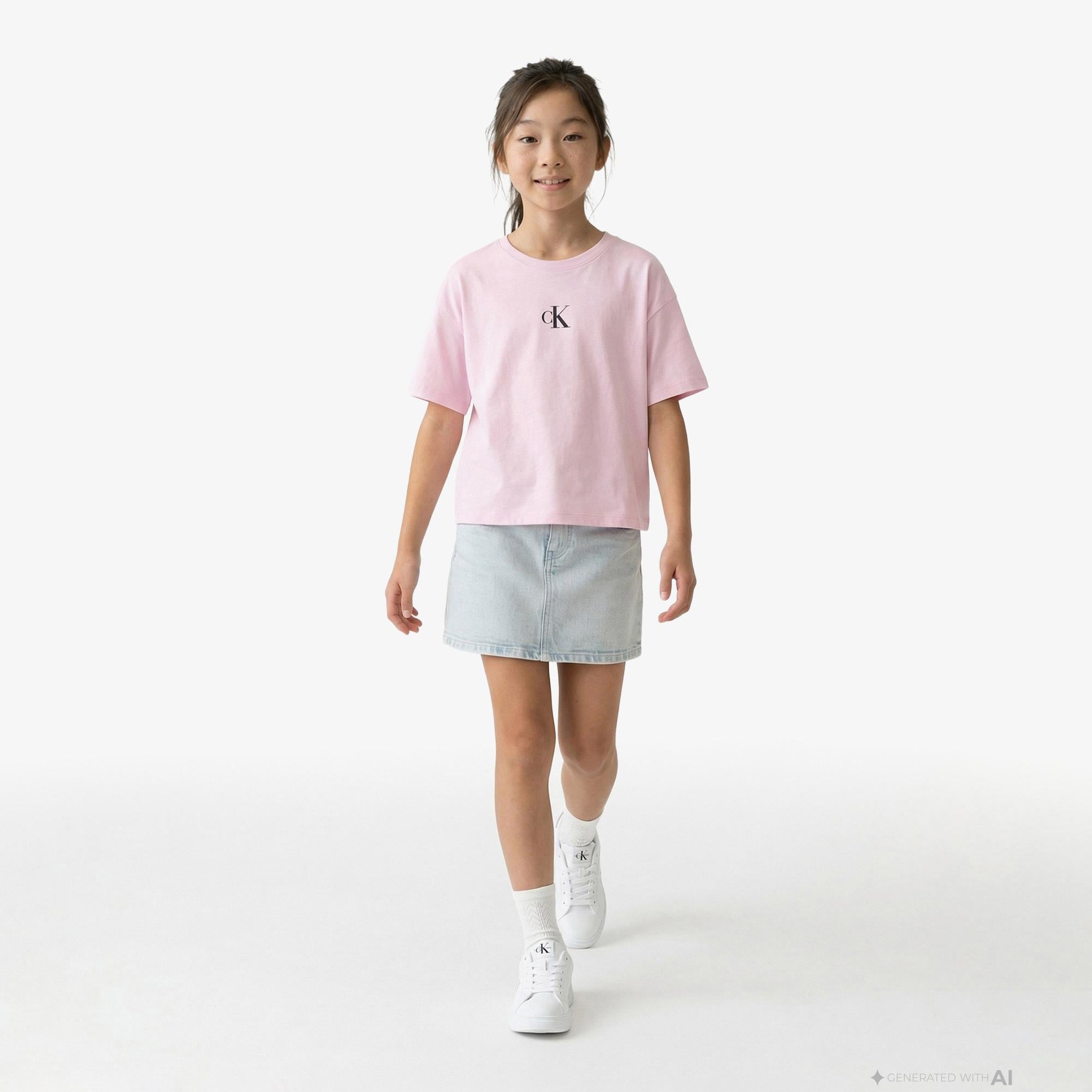 Calvin Klein Logo Boxy Çocuk Pembe T-Shirt