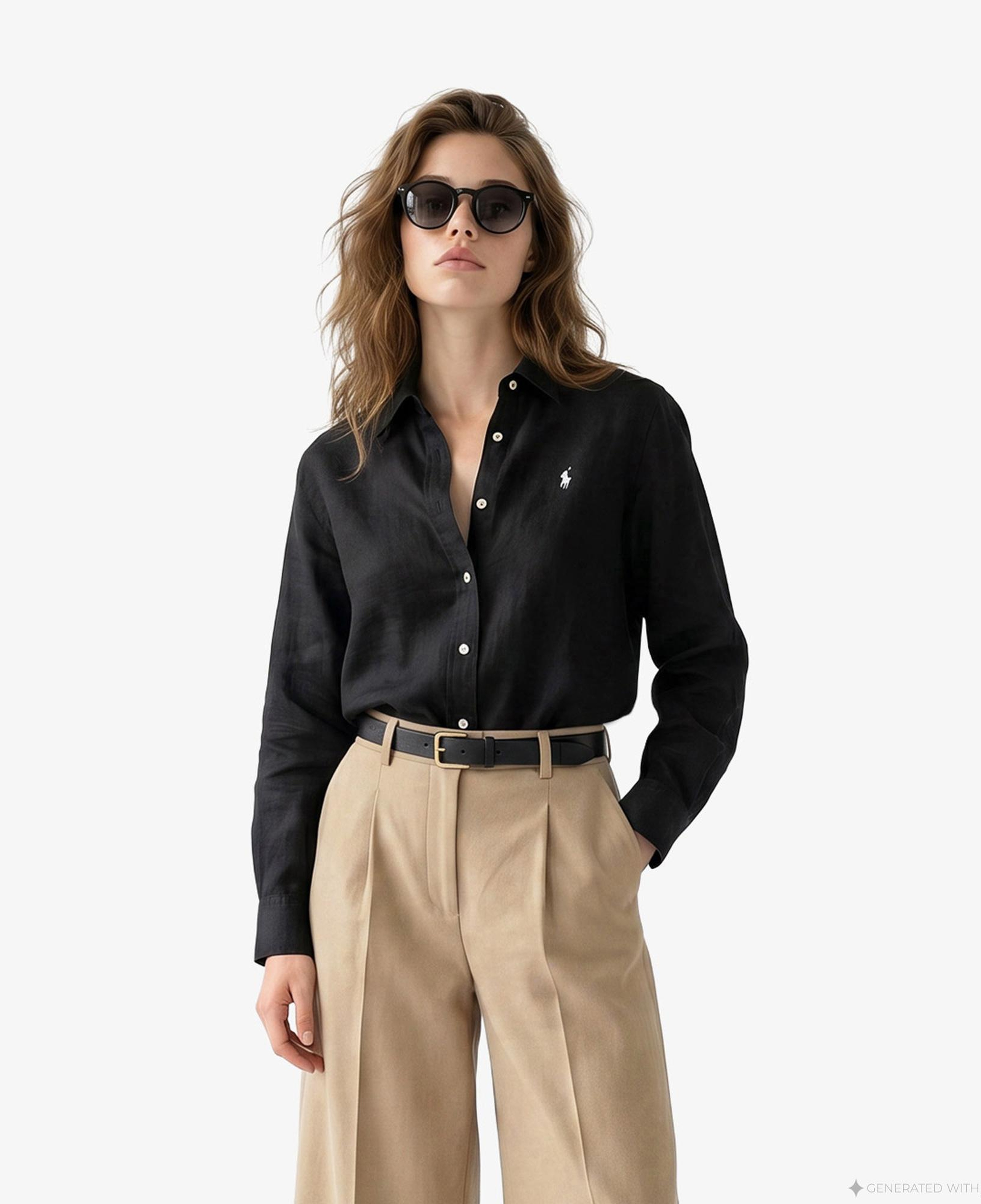 Polo Ralph Lauren Boyfriend Kadın Siyah Keten Gömlek