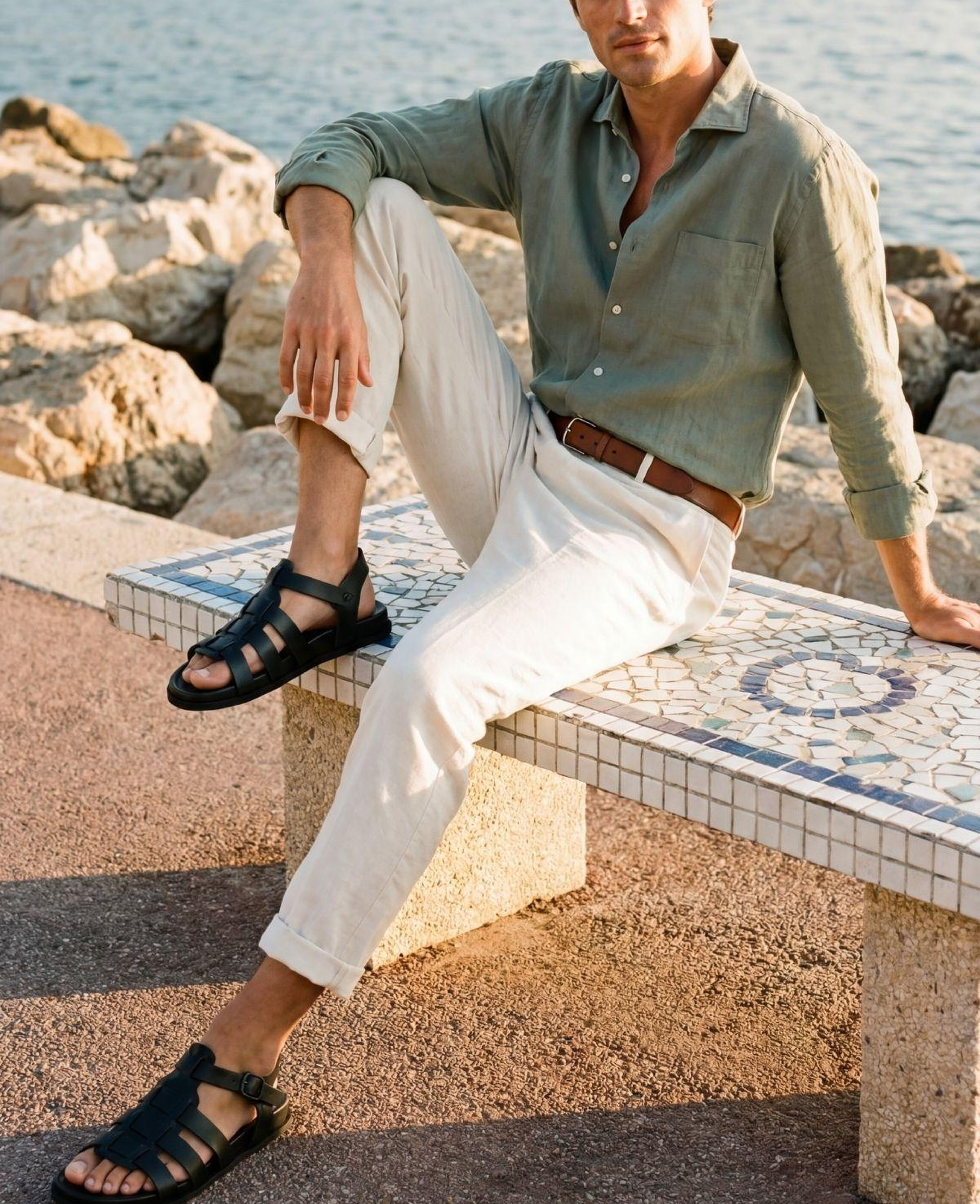 Valmenti Erkek Hakiki Deri Siyah Düz Sandalet