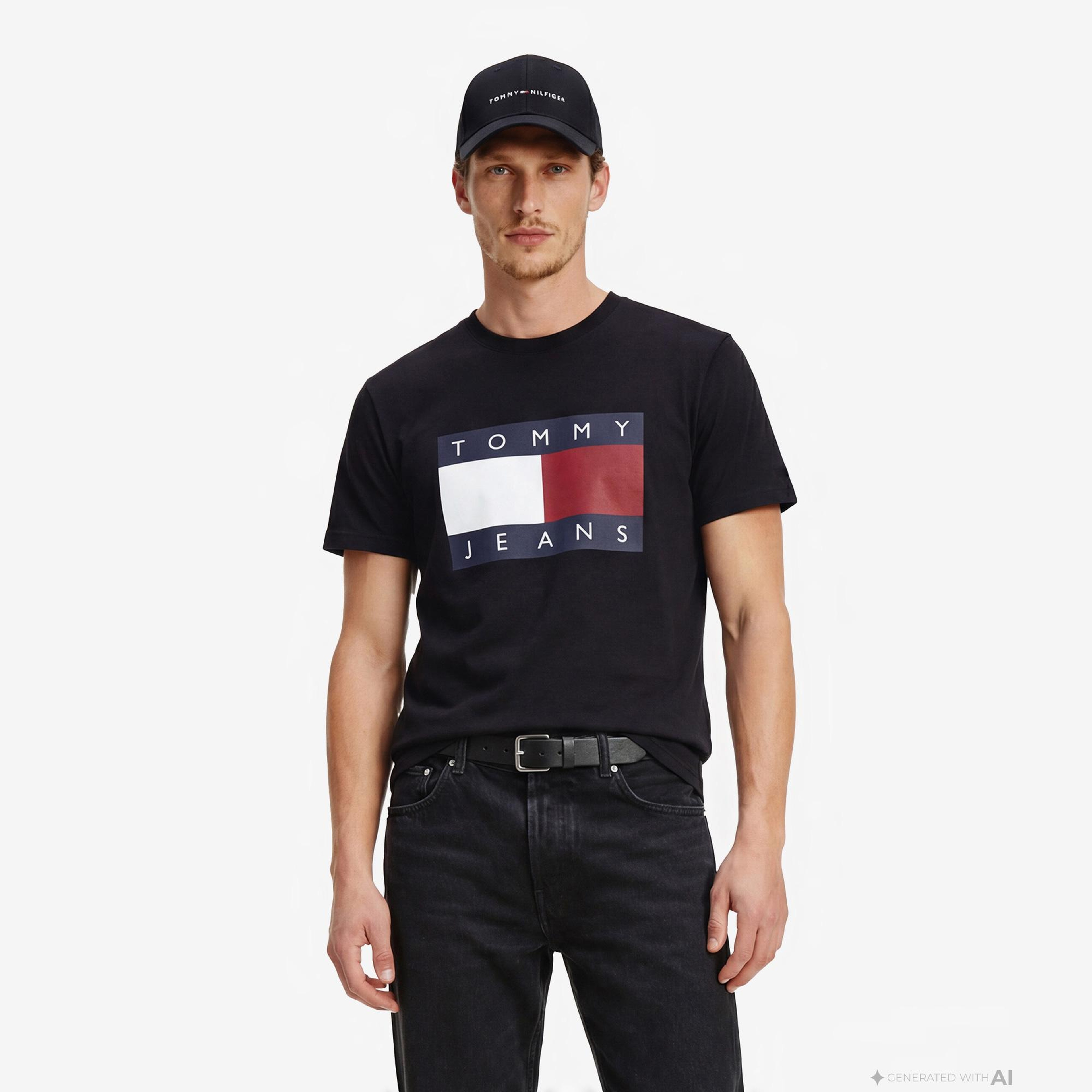 Tommy Hilfiger Flag Erkek Siyah T-Shirt