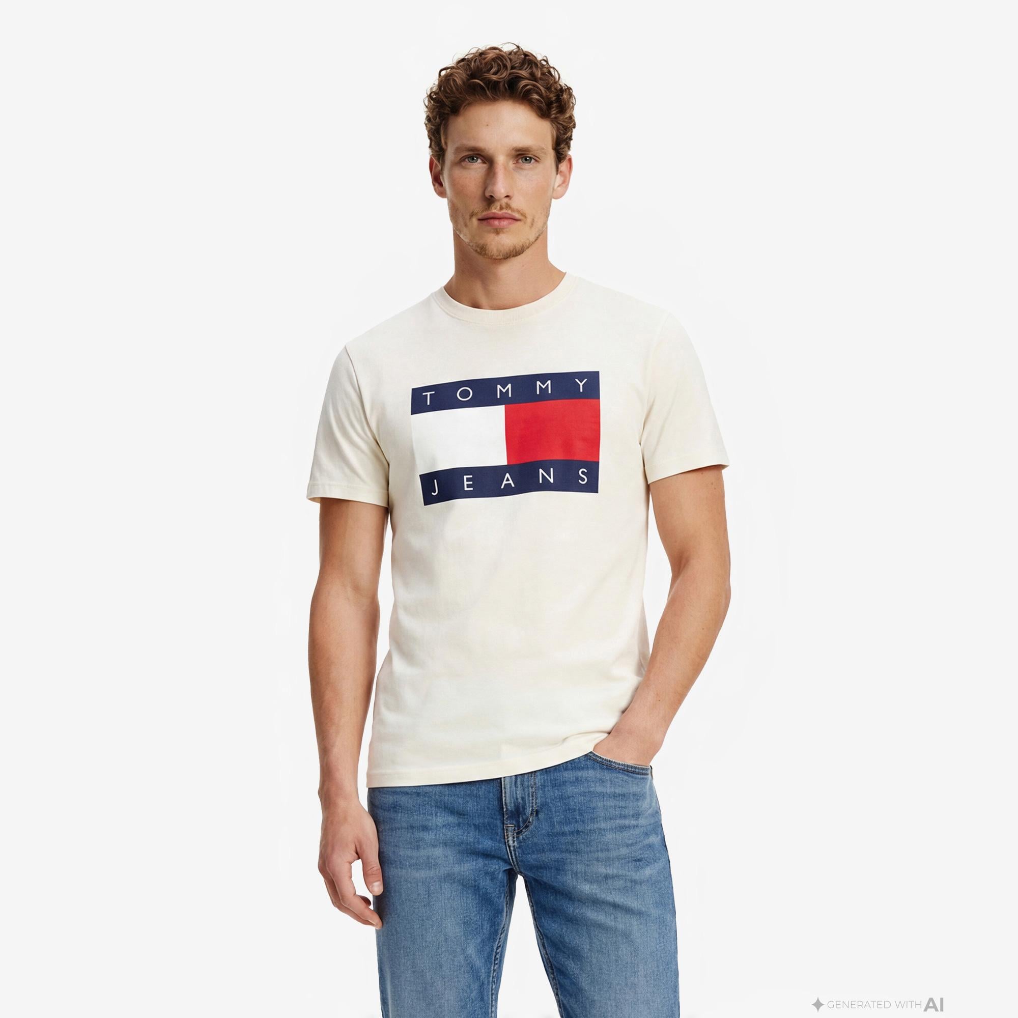Tommy Hilfiger Flag Erkek Beyaz T-Shirt