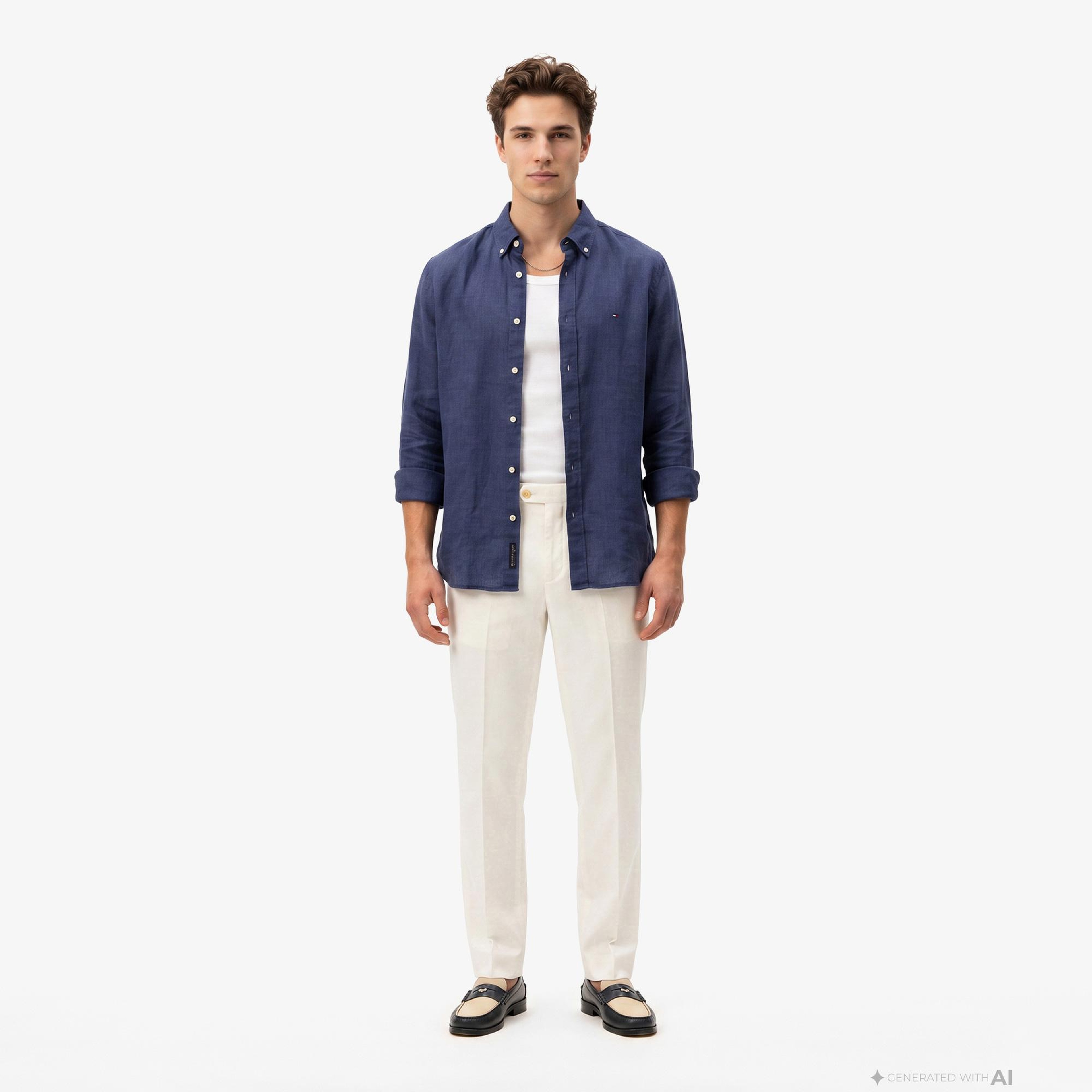 Tommy Hilfiger Seasonal Quality Erkek Lacivert Keten Gömlek