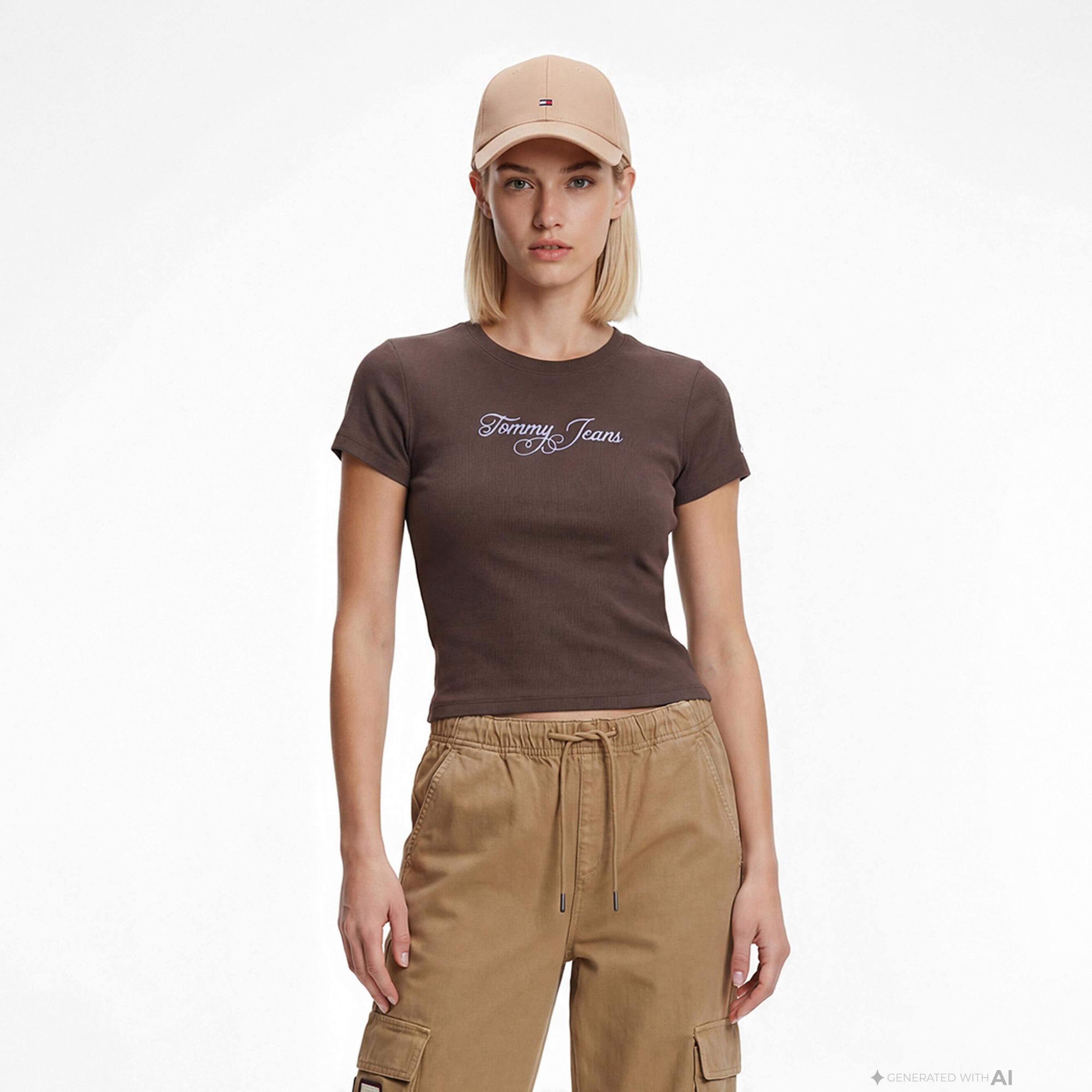 Tommy Hilfiger Essential Logo Kadın Kahverengi T-Shirt