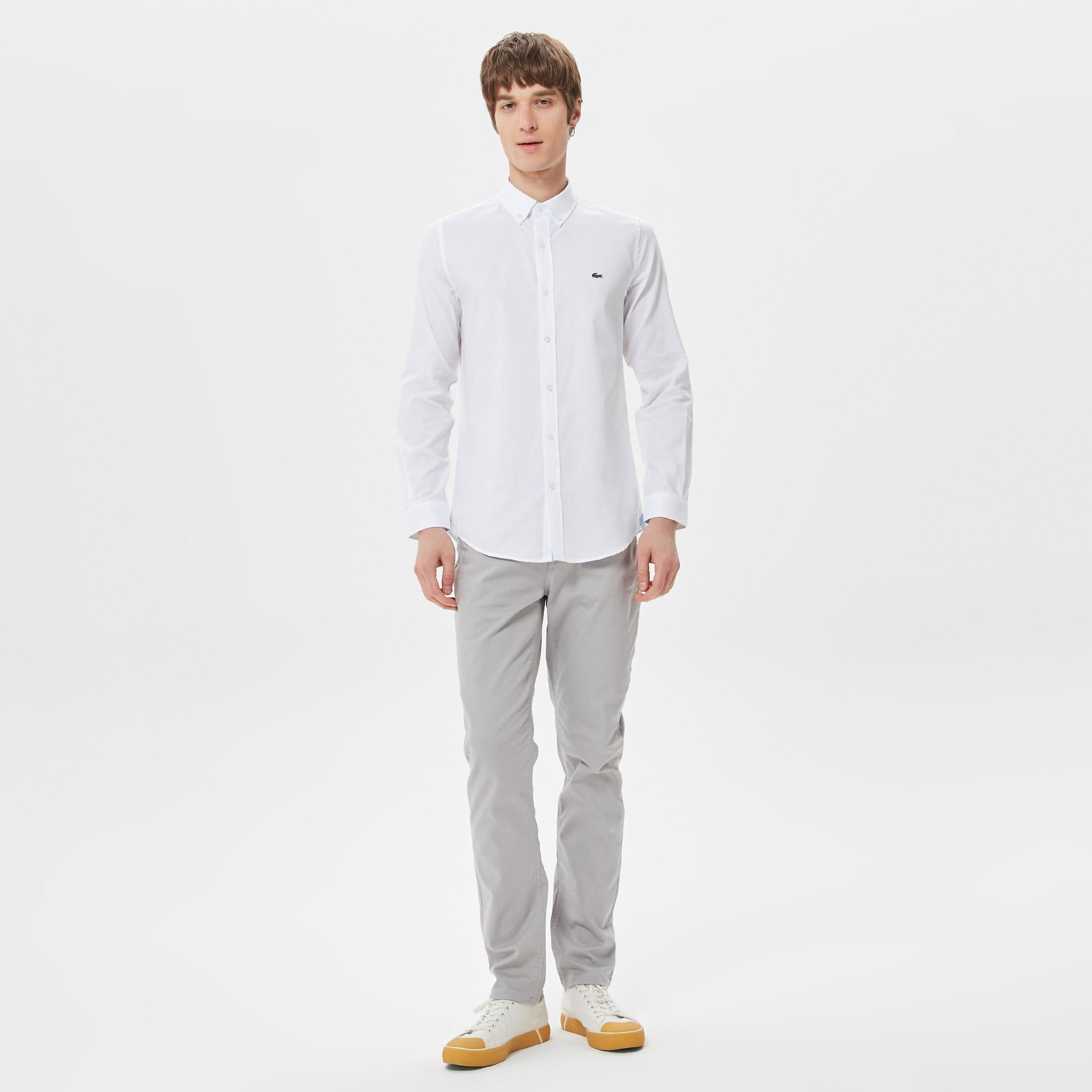 Erkek Slim Fit Düğmeli Yaka Beyaz Gömlek