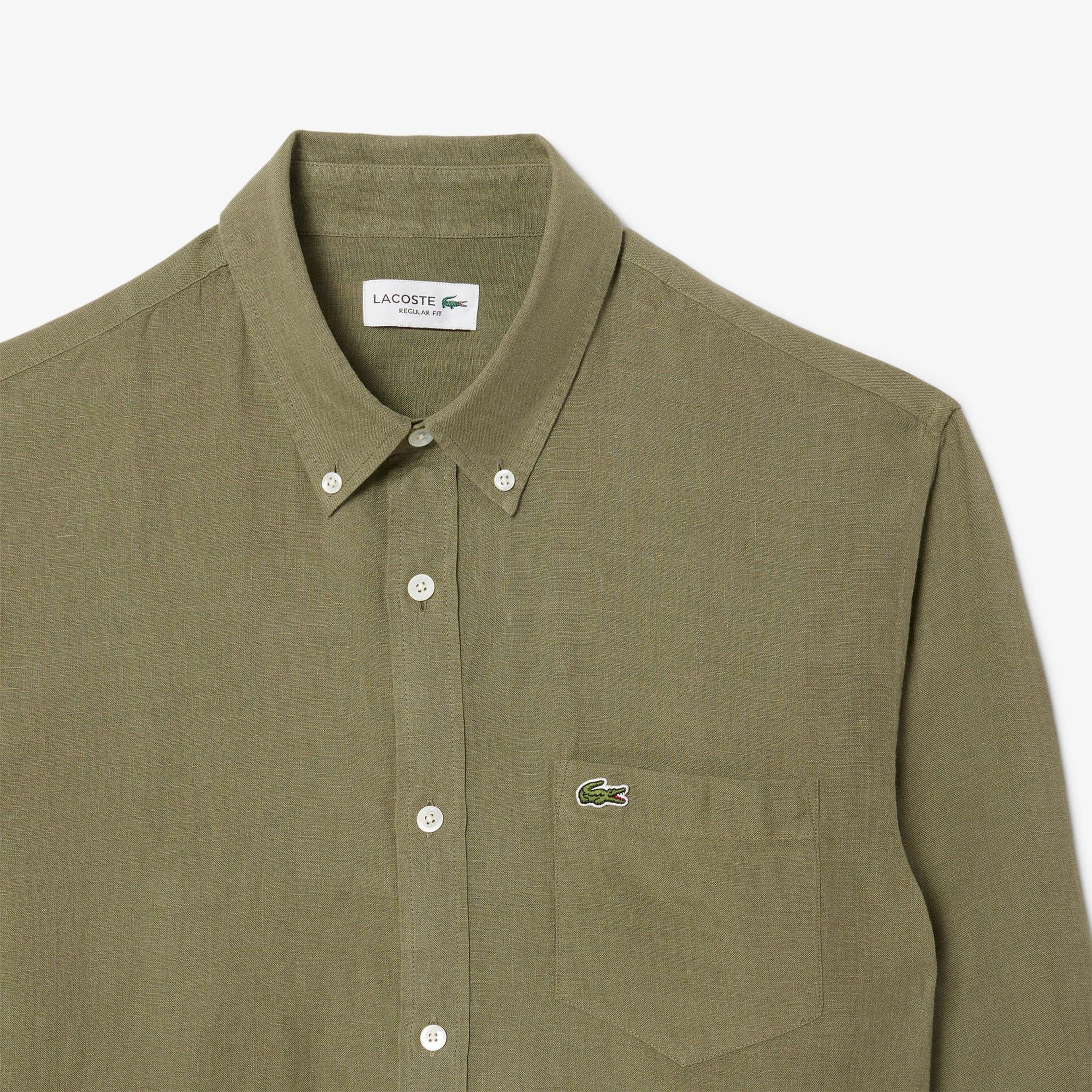Lacoste Erkek Regular Fit Düğmeli Yaka Keten Haki Gömlek