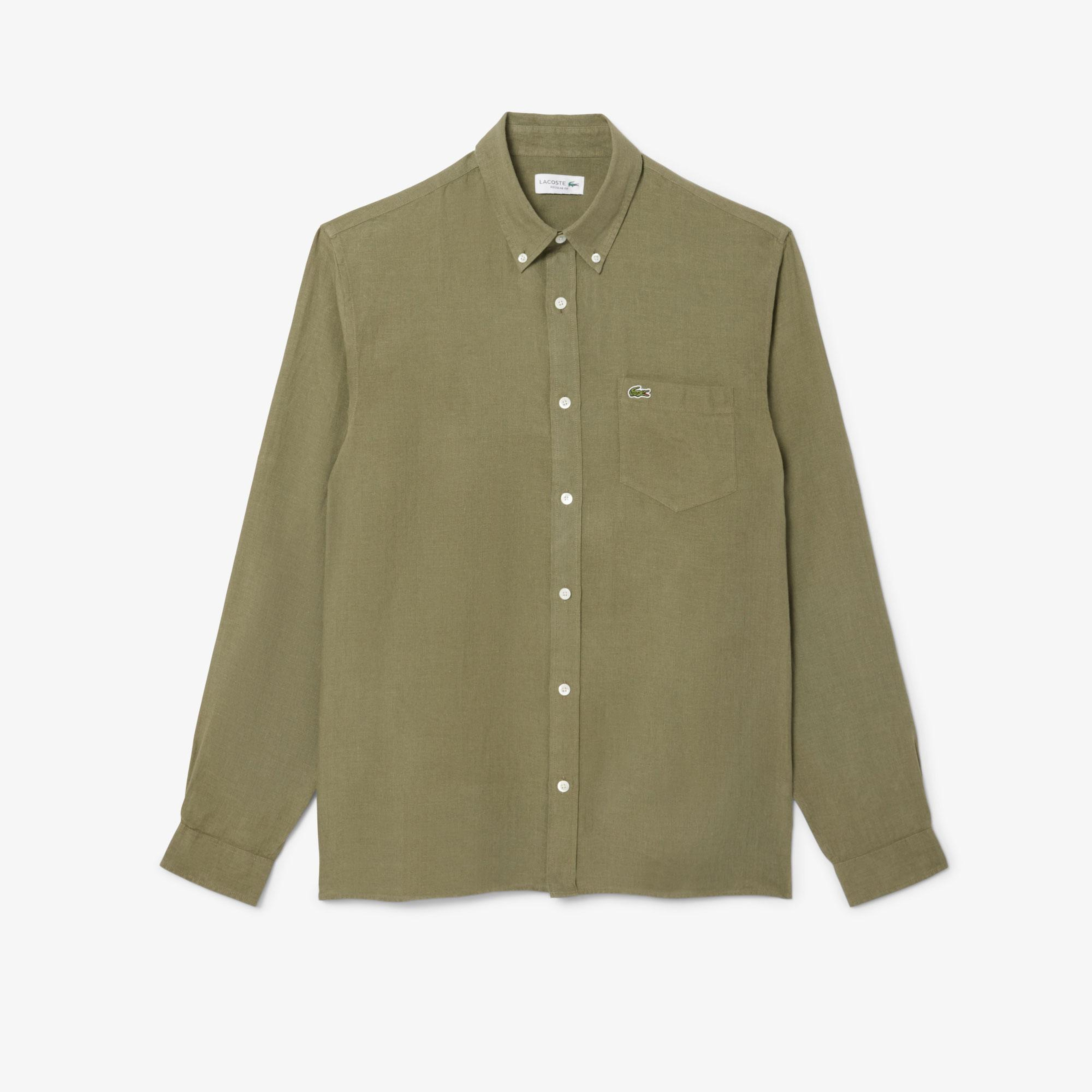 Lacoste Erkek Regular Fit Düğmeli Yaka Keten Haki Gömlek