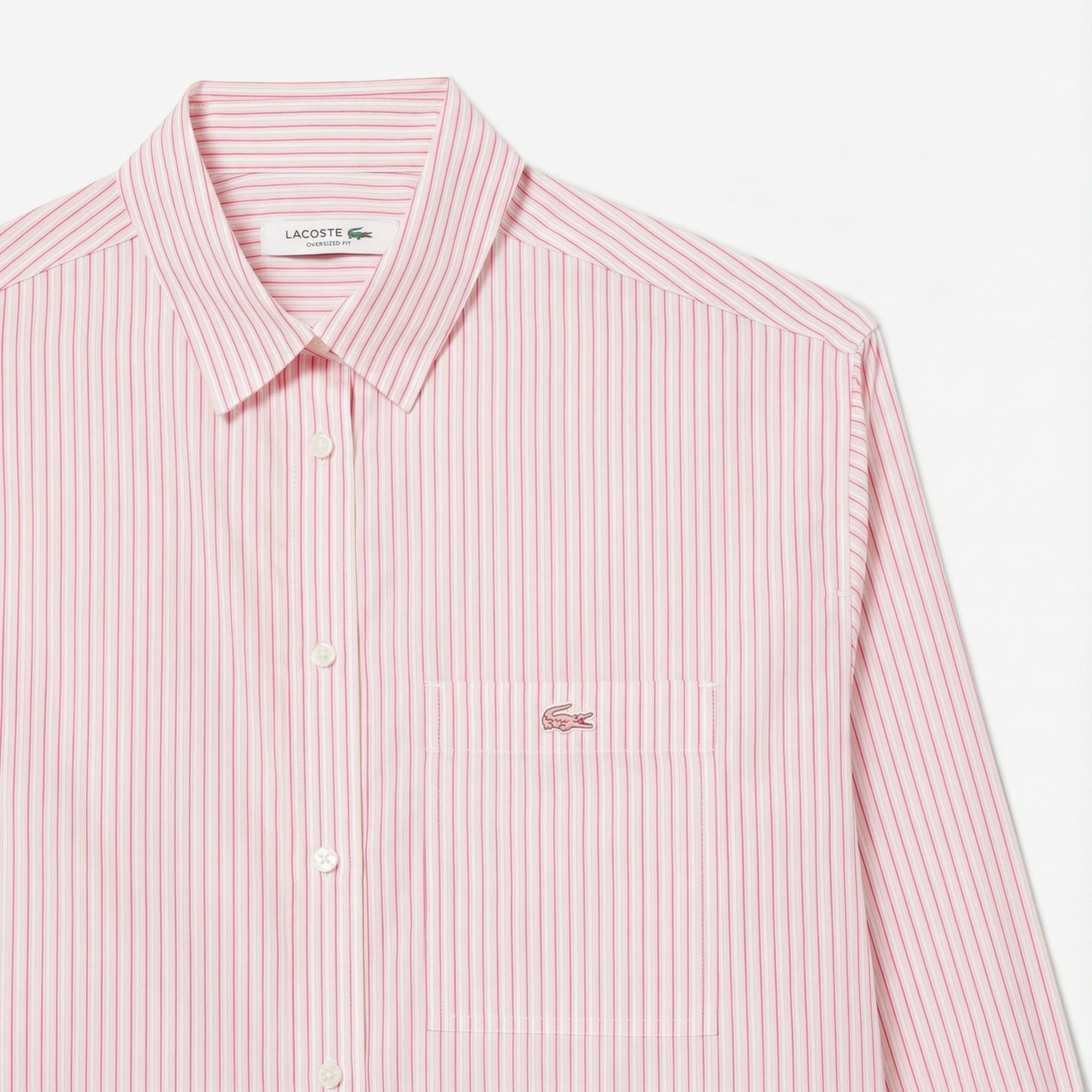 Lacoste Kadın Oversize Fit Çizgili Pembe Gömlek