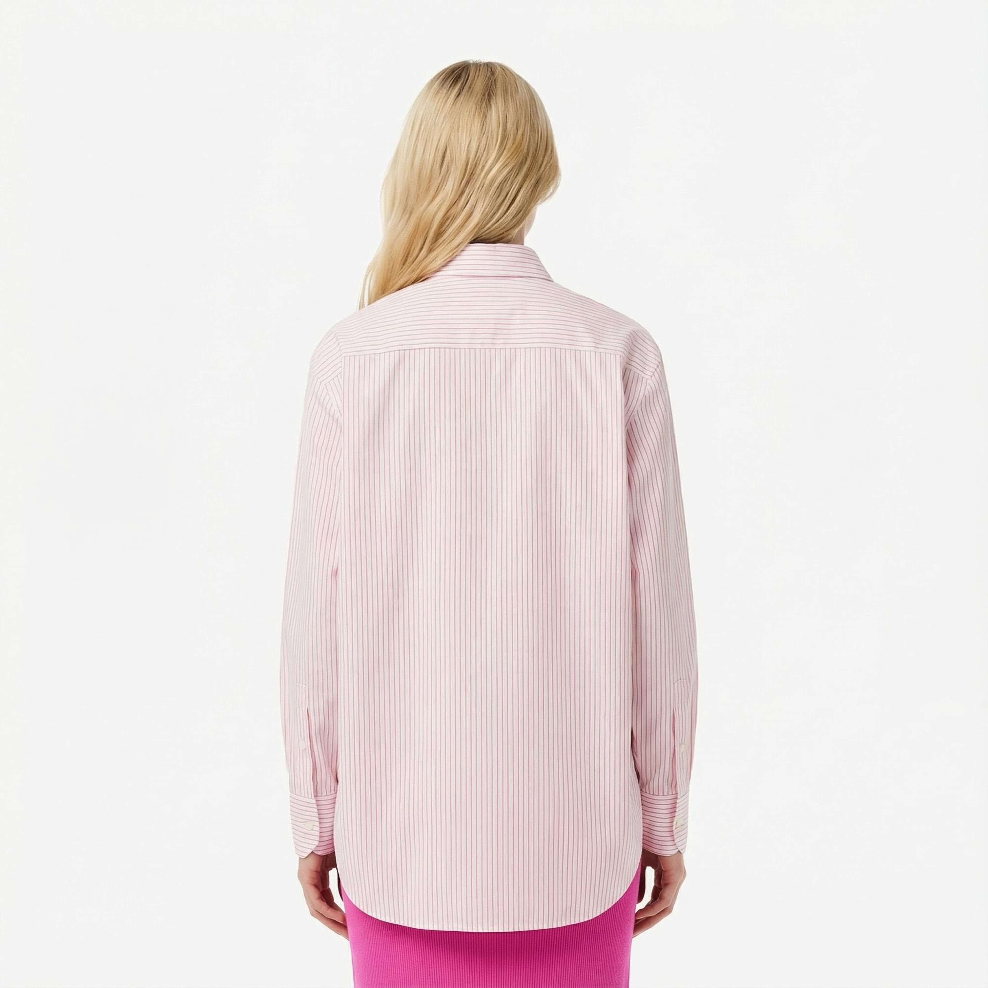 Lacoste Kadın Oversize Fit Çizgili Pembe Gömlek