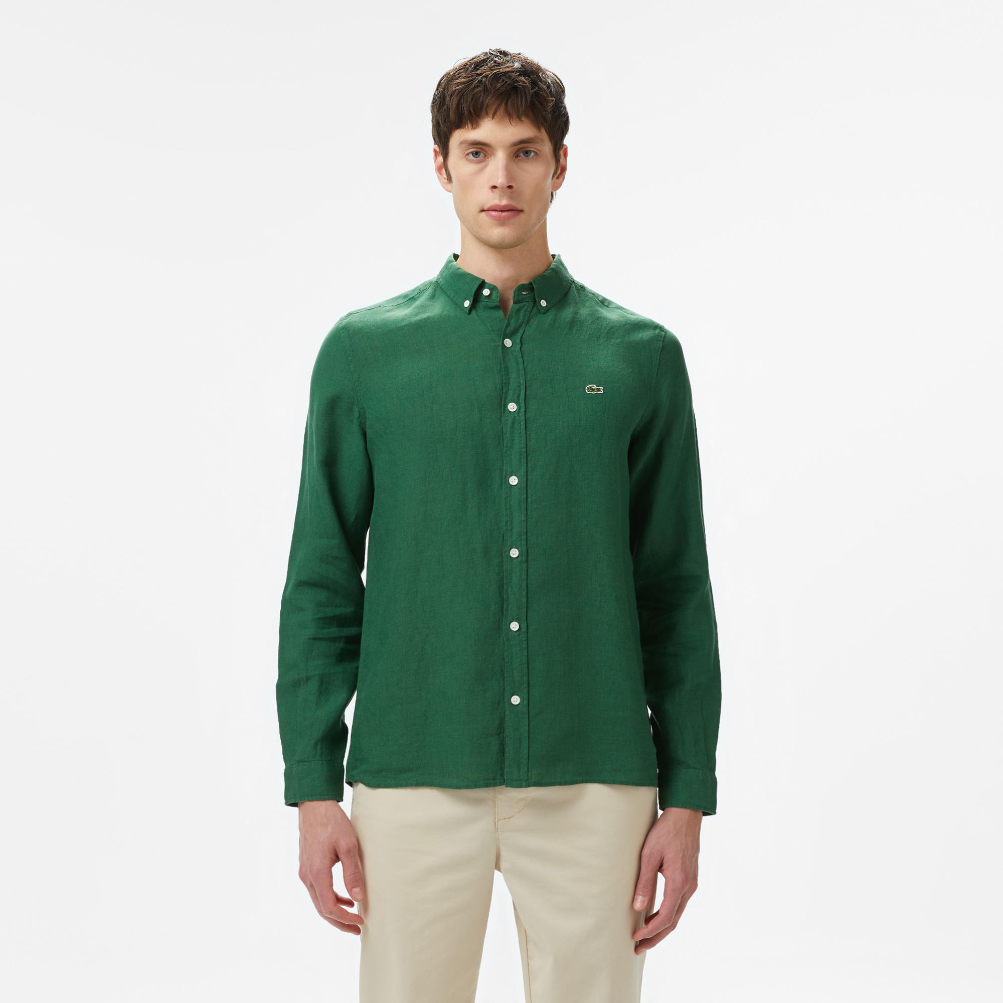 Lacoste Erkek Regular Fit Düğmeli Yaka Keten Koyu Yeşil Gömlek