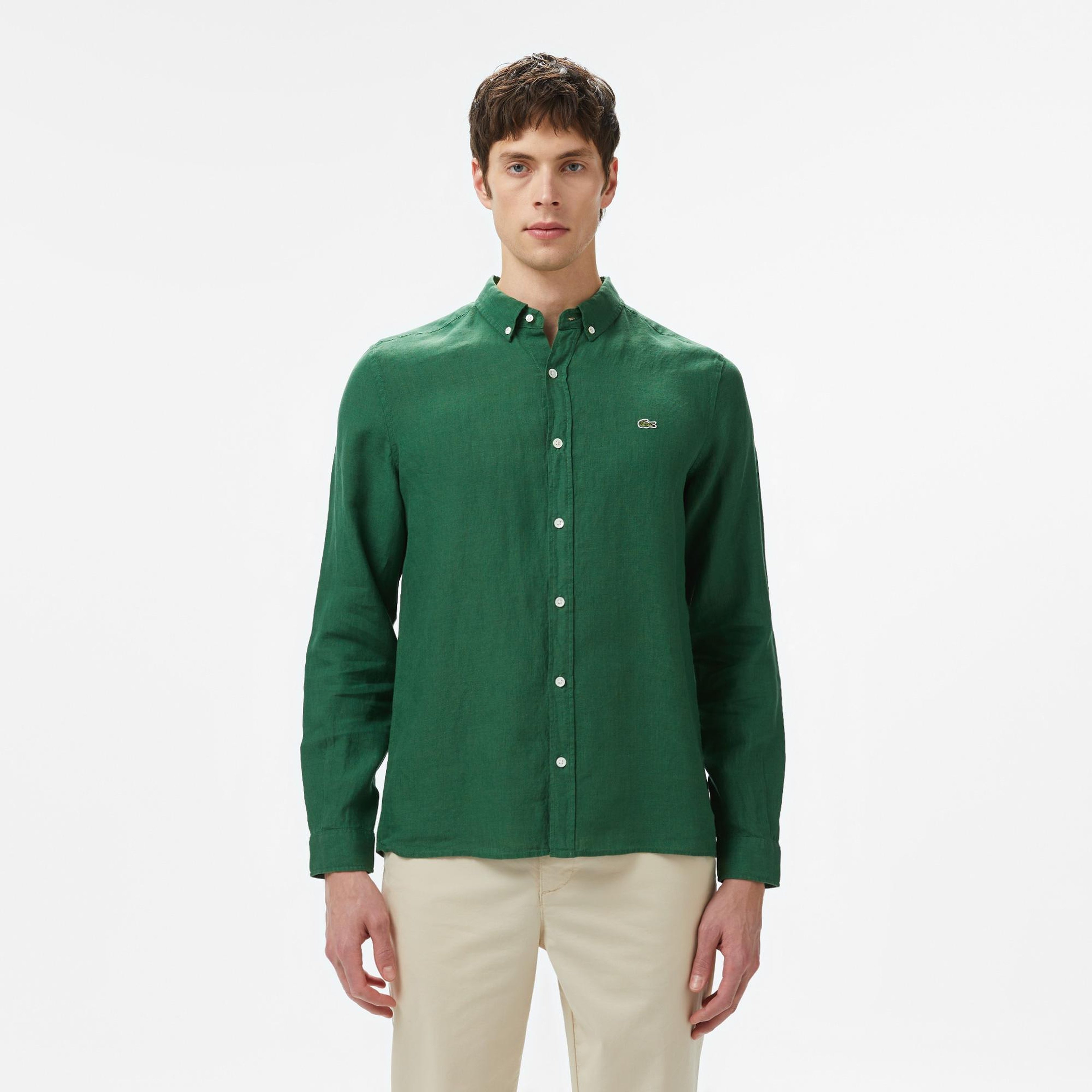 Lacoste Erkek Regular Fit Düğmeli Yaka Keten Koyu Yeşil Gömlek