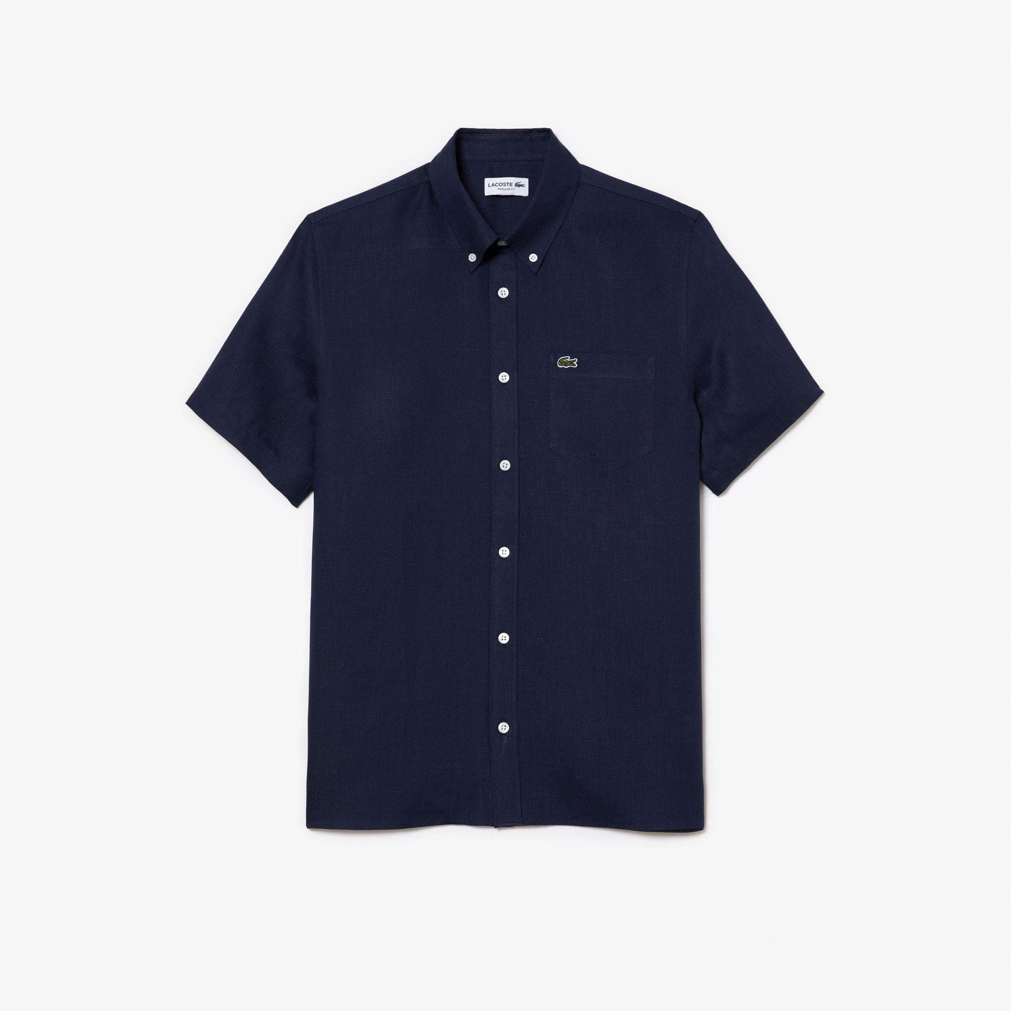 Lacoste Erkek Regular Fit Kısa Kollu Düğmeli Yaka Keten Lacivert Gömlek