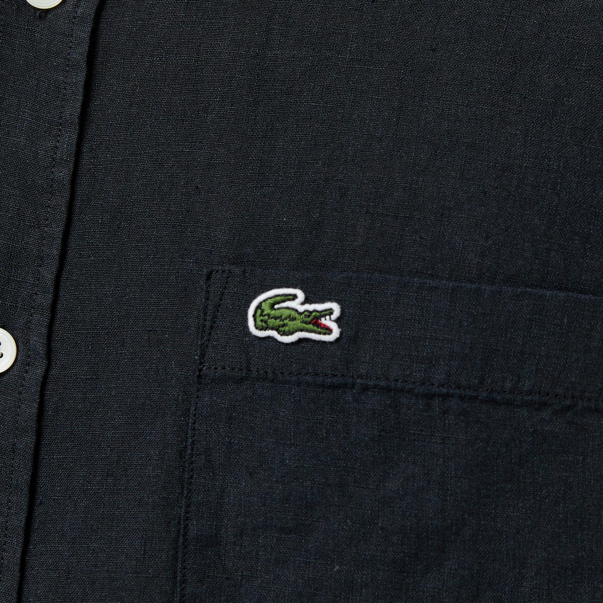 Lacoste Erkek Regular Fit Kısa Kollu Düğmeli Yaka Keten Siyah Gömlek