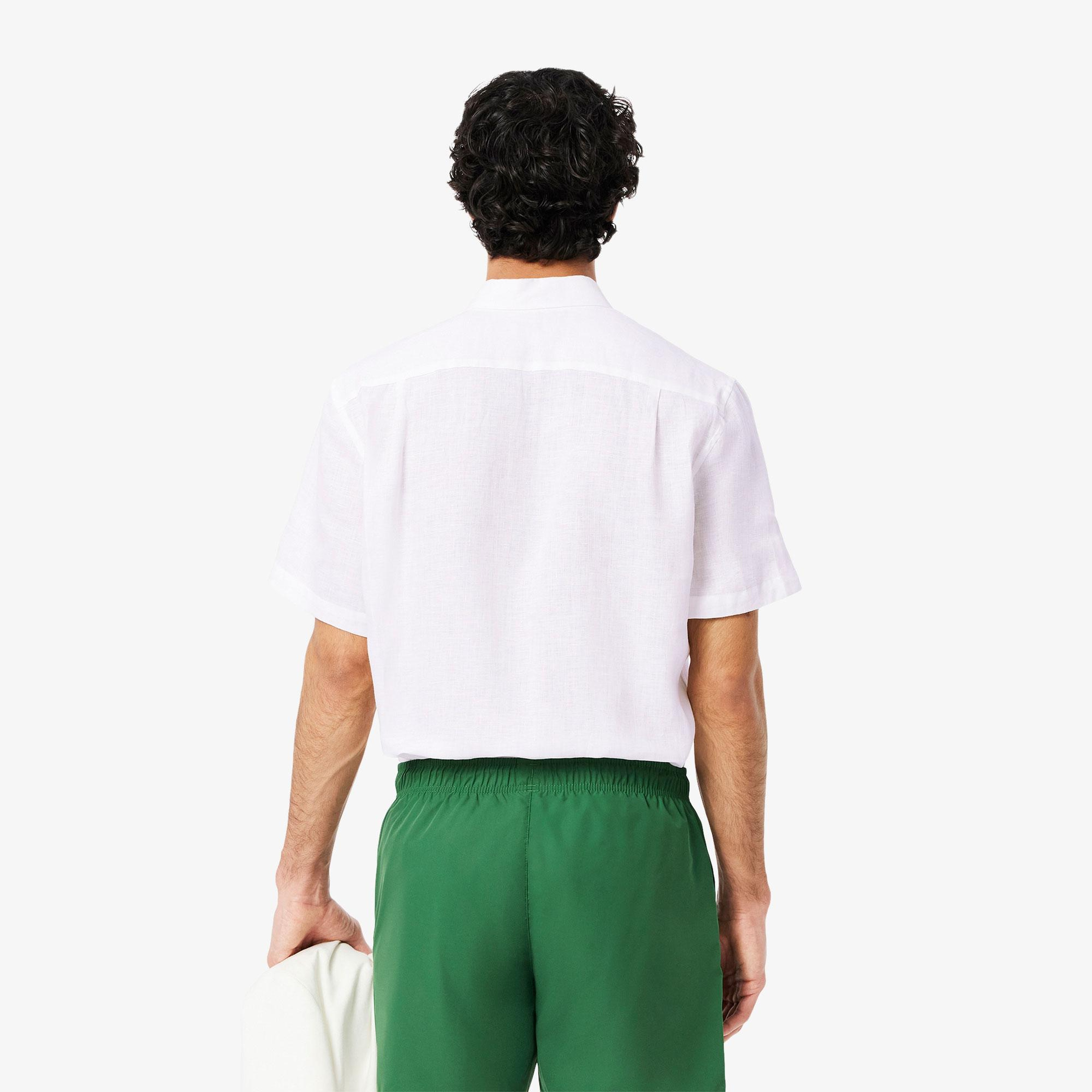 Lacoste Erkek Regular Fit Kısa Kollu Düğmeli Yaka Keten Beyaz Gömlek