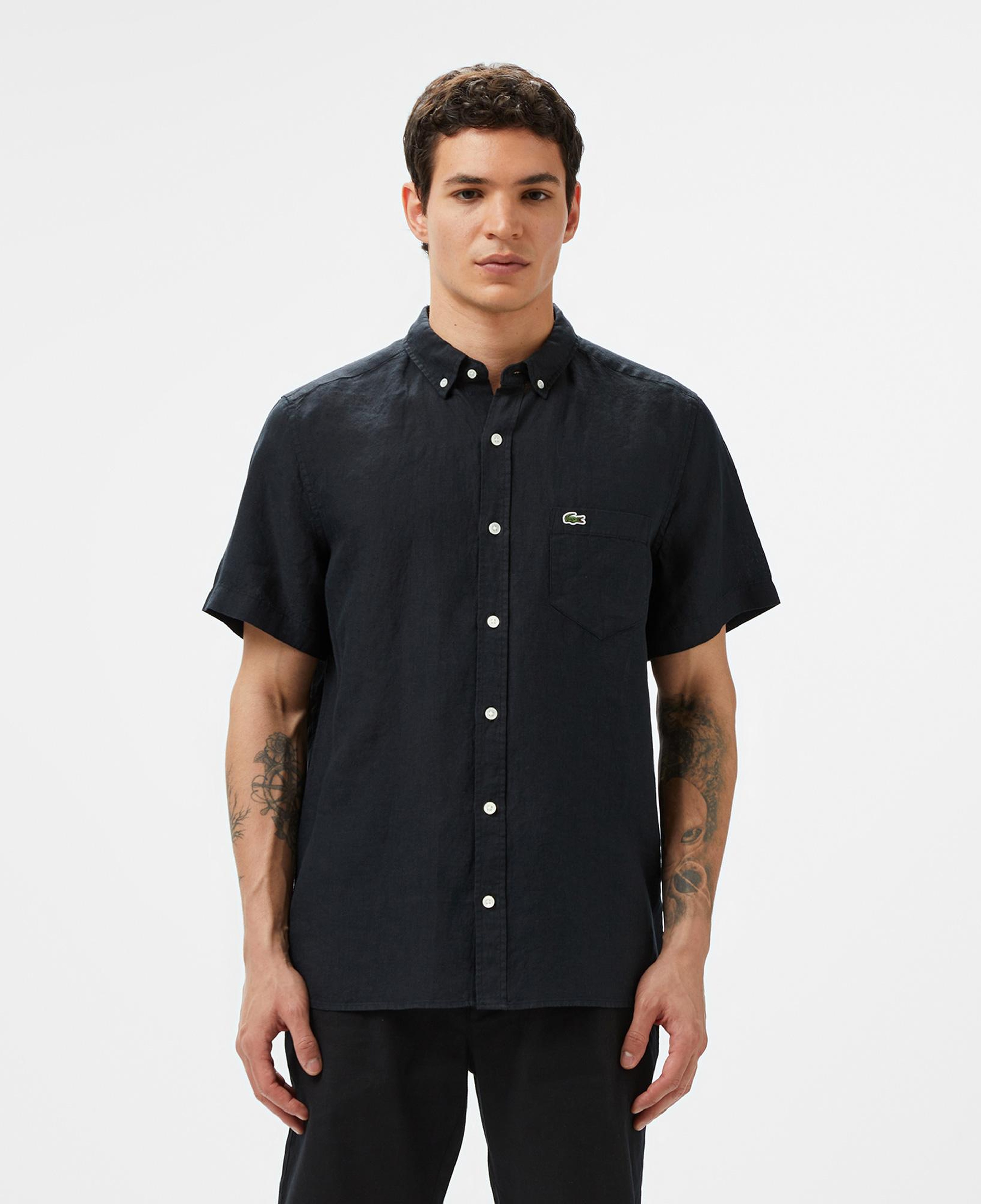 Lacoste Erkek Regular Fit Kısa Kollu Düğmeli Yaka Keten Siyah Gömlek