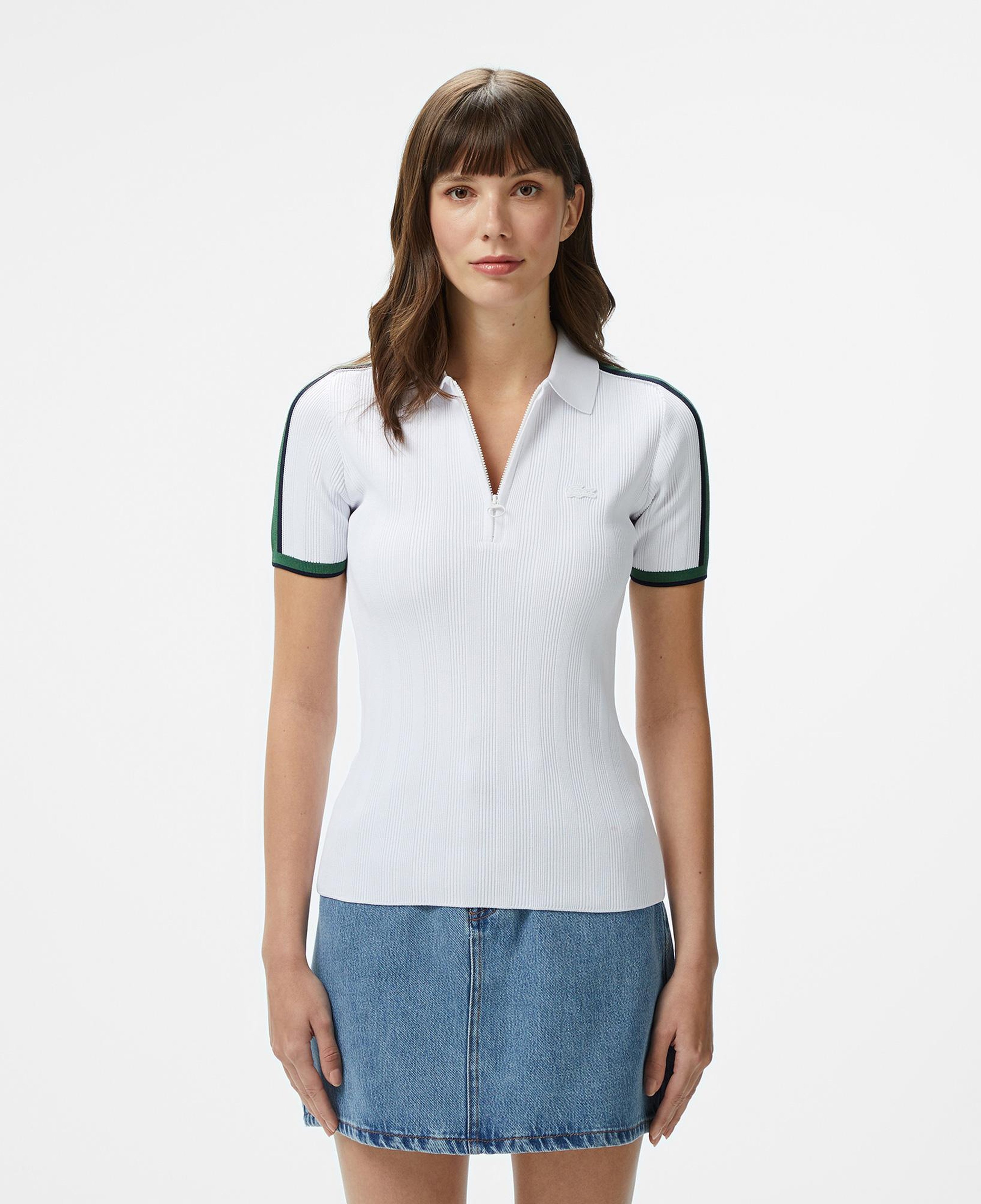 Kadın Slim Fit Kısa Kollu Yarım Fermuarlı Beyaz Polo