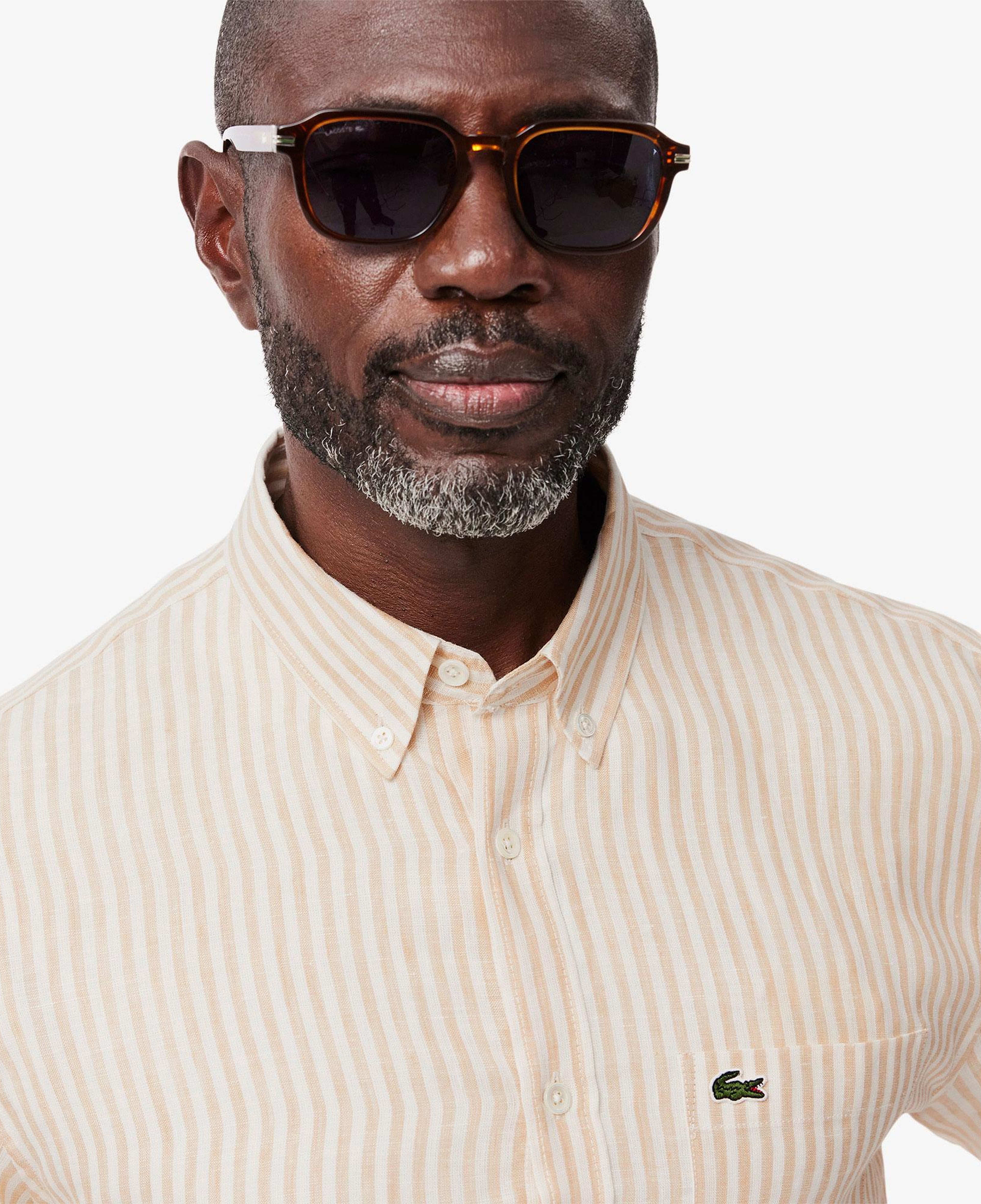 Lacoste Erkek Regular Fit Düğmeli Yaka Çizgili Keten Sarı Gömlek