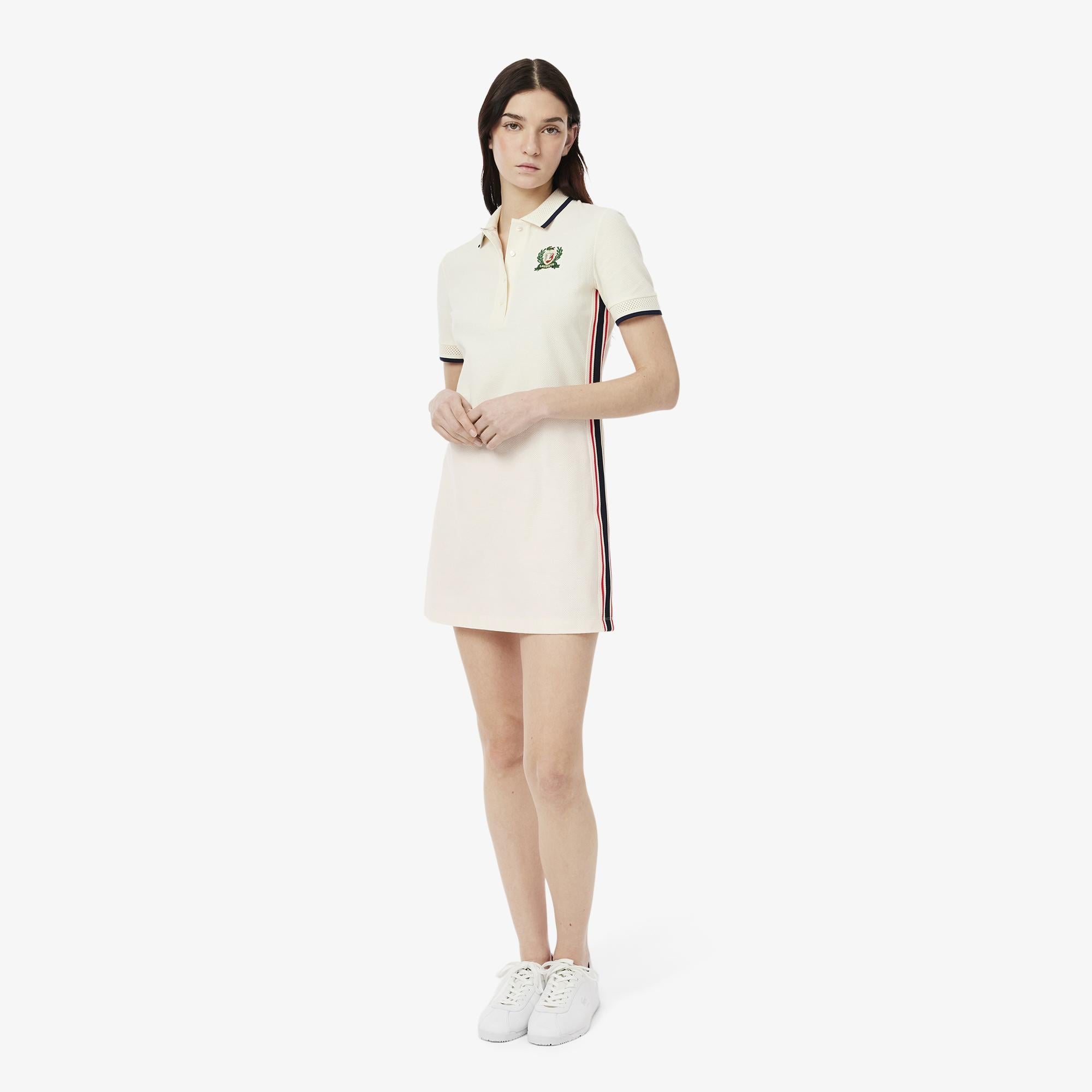 Lacoste Kadın Slim Fit Kısa Kollu Polo Yaka Renk Bloklu Krem Elbise