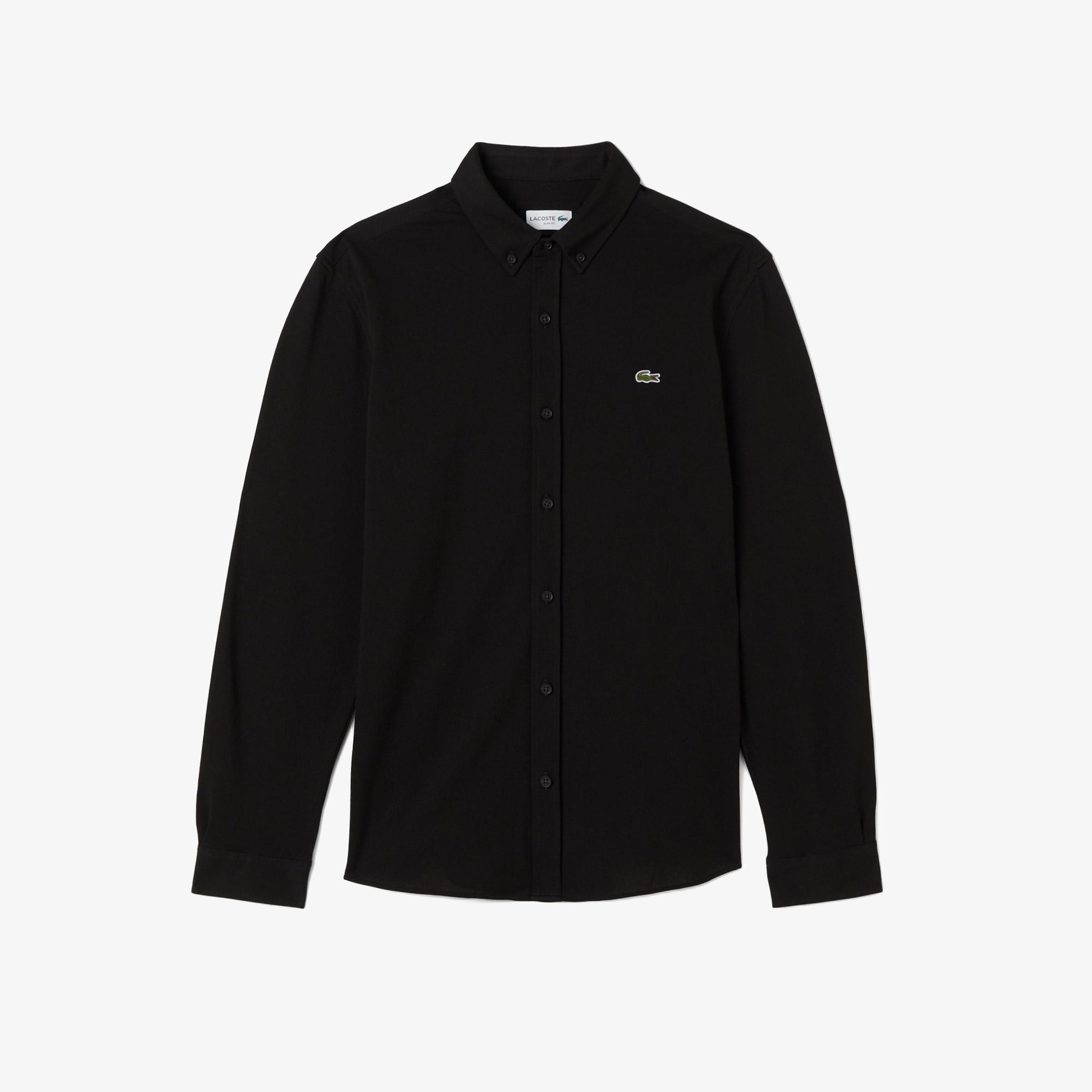Erkek Slim Fit Düğmeli Yaka Siyah Gömlek