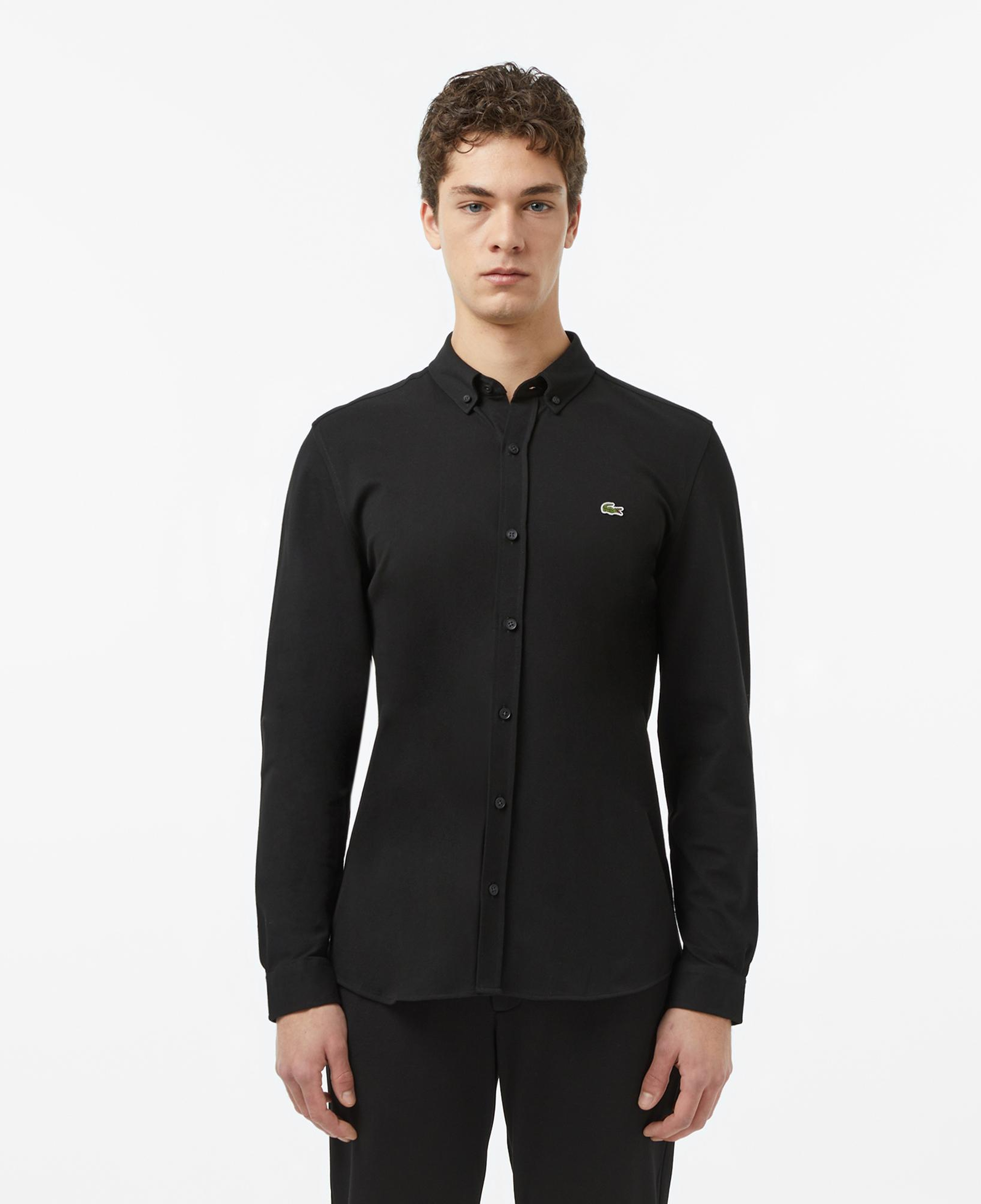 Erkek Slim Fit Düğmeli Yaka Siyah Gömlek