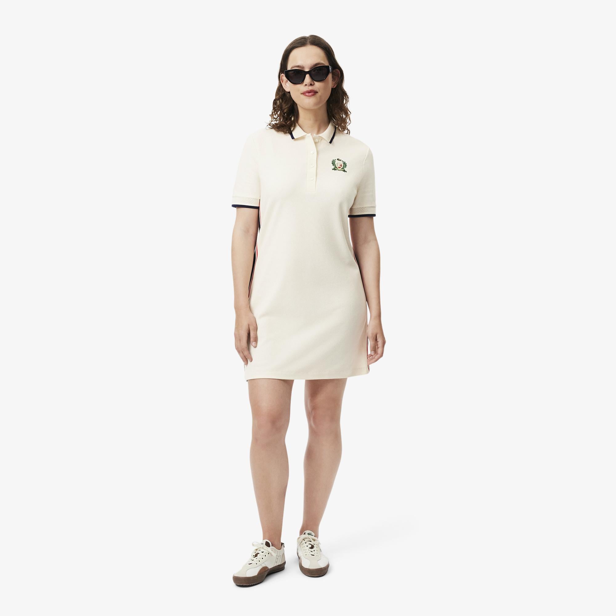 Lacoste Kadın Slim Fit Kısa Kollu Polo Yaka Renk Bloklu Krem Elbise