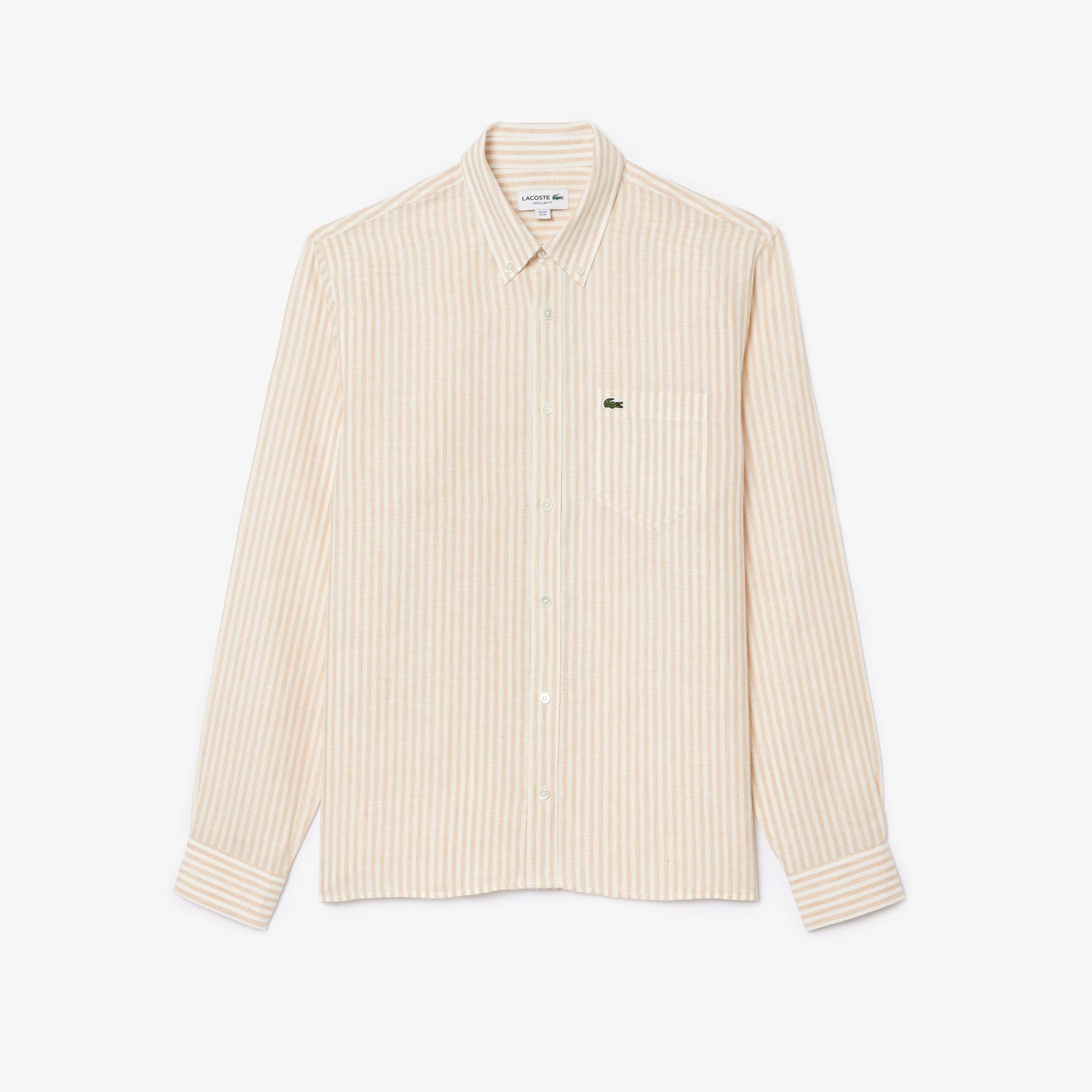 Lacoste Erkek Regular Fit Düğmeli Yaka Çizgili Keten Sarı Gömlek