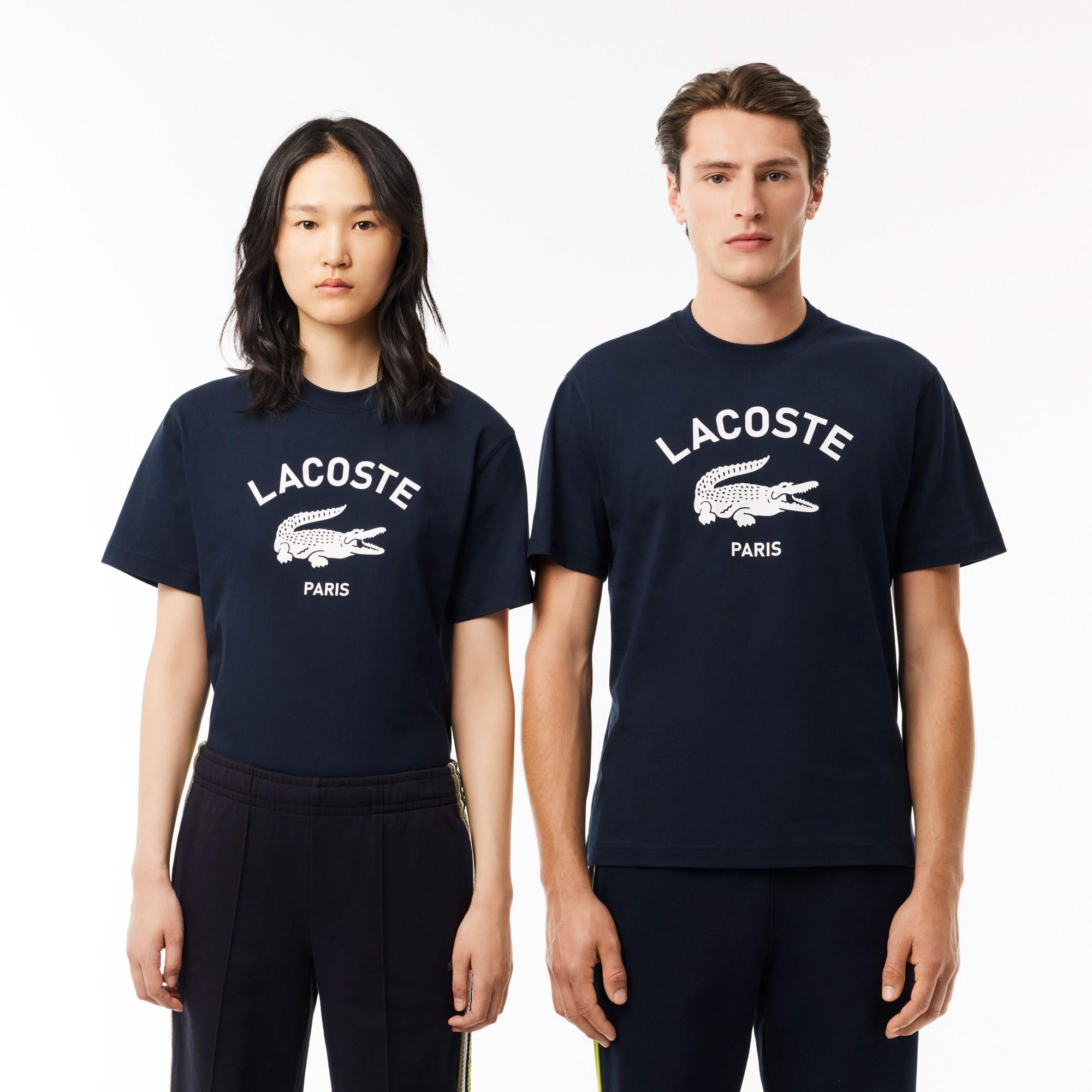 Unisex Bisiklet Yaka Baskılı Lacivert T-Shirt