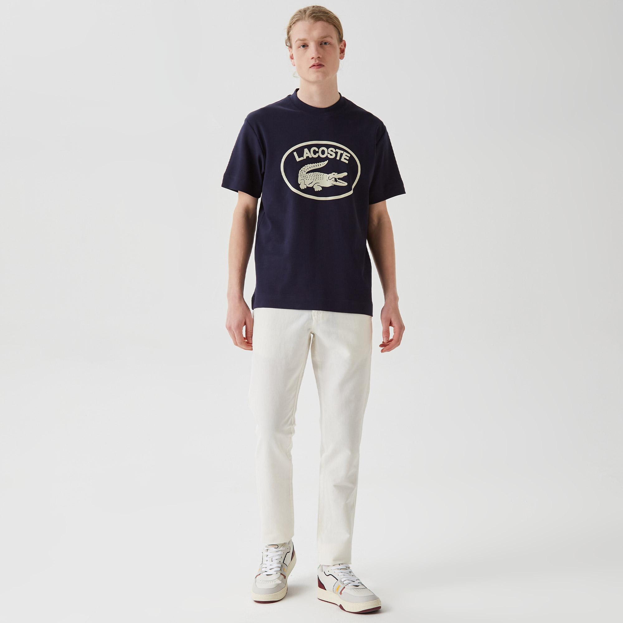 Erkek Relaxed Fit Bisiklet Yaka Baskılı Lacivert T-Shirt