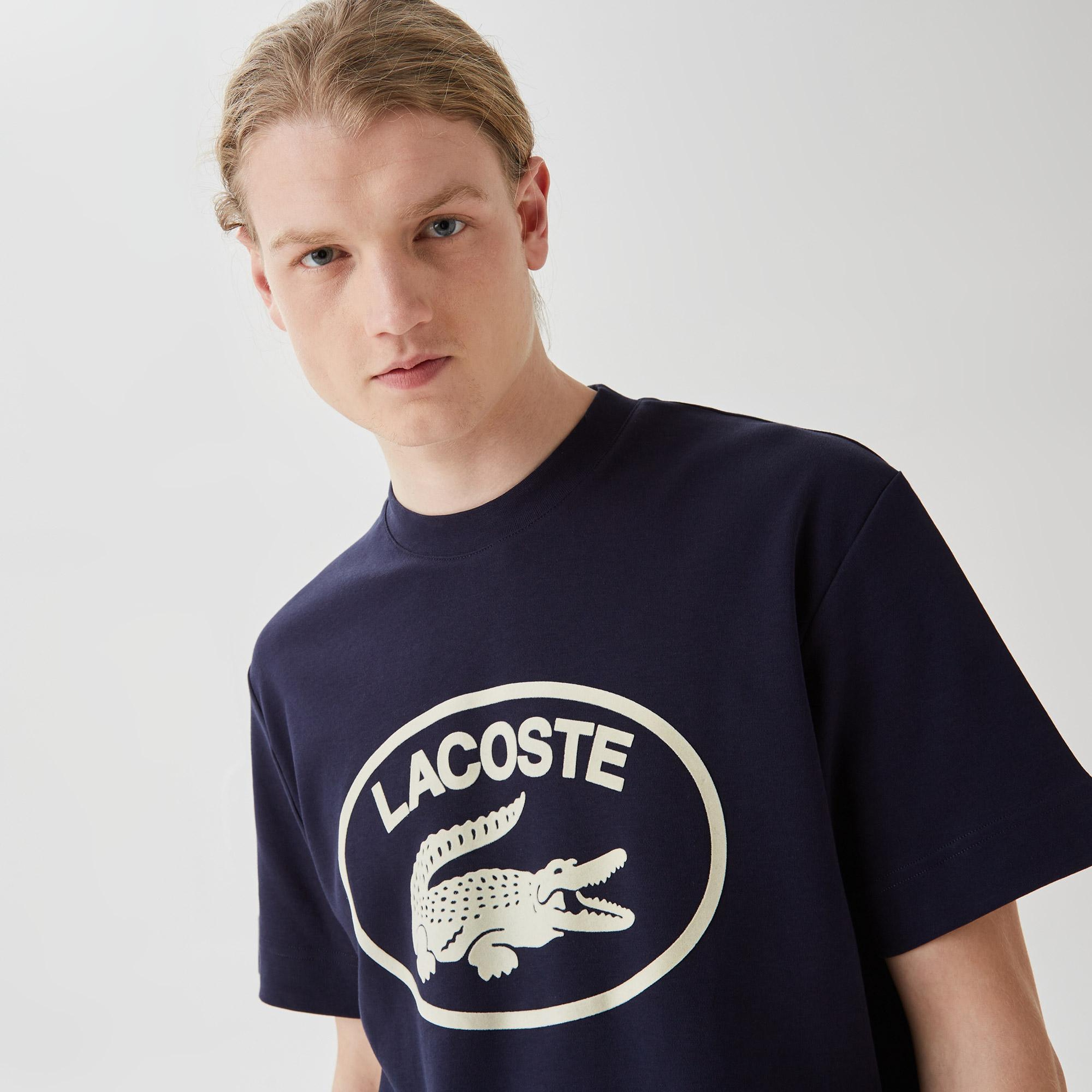 Erkek Relaxed Fit Bisiklet Yaka Baskılı Lacivert T-Shirt