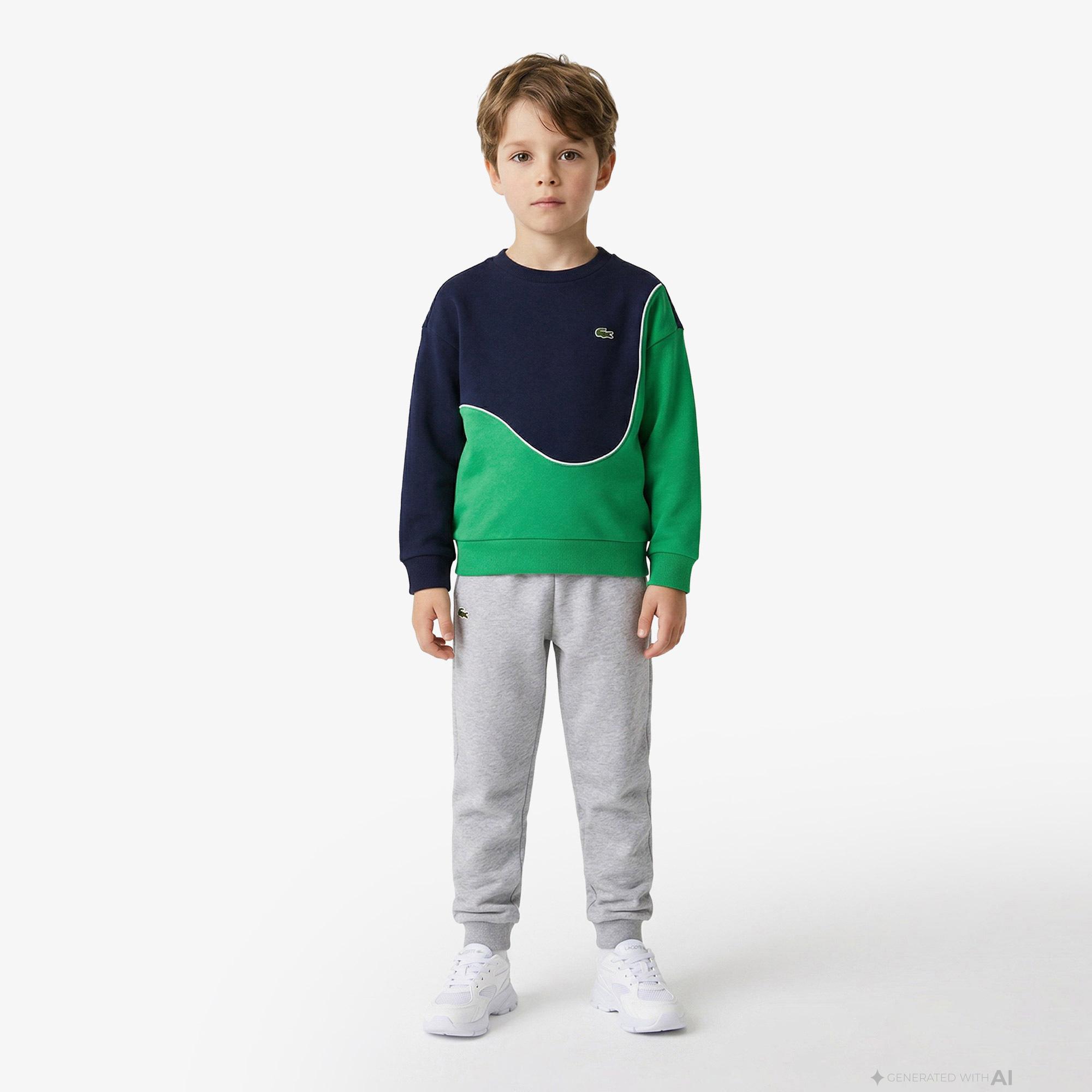Çocuk Bisiklet Yaka Renk Bloklu Koyu Yeşil Sweatshirt