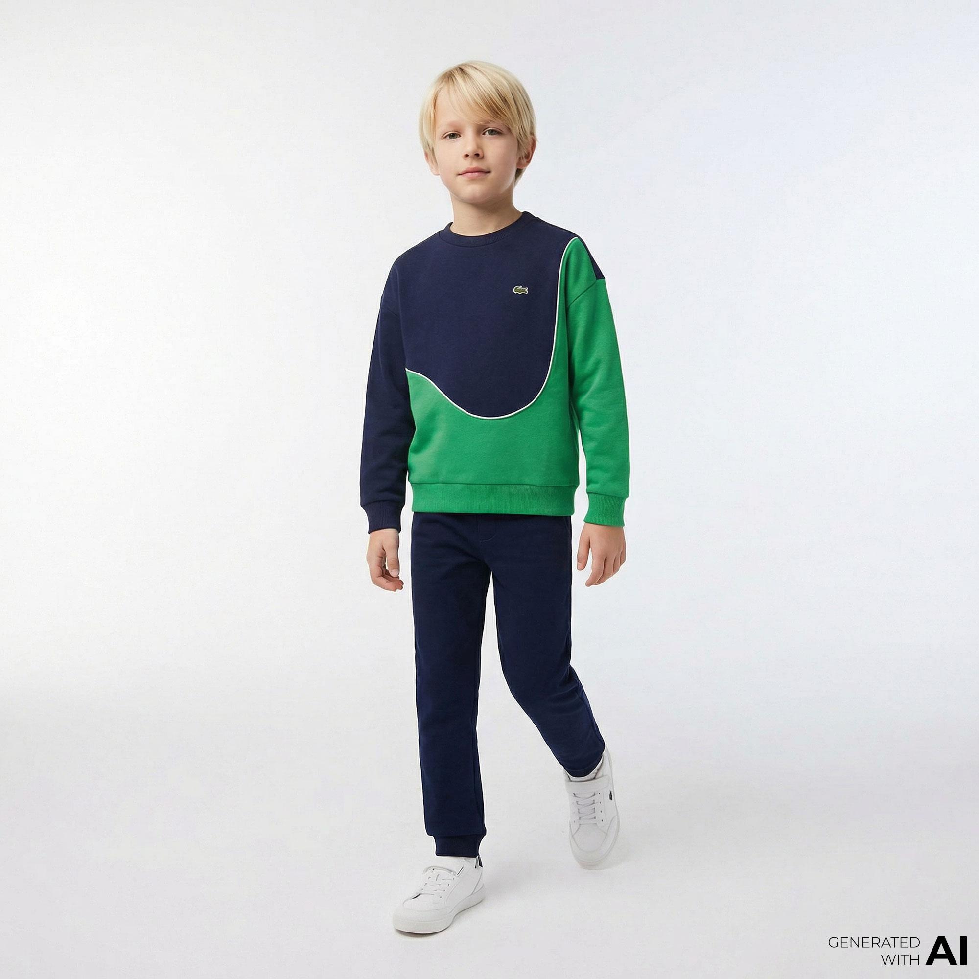 Çocuk Bisiklet Yaka Renk Bloklu Koyu Yeşil Sweatshirt