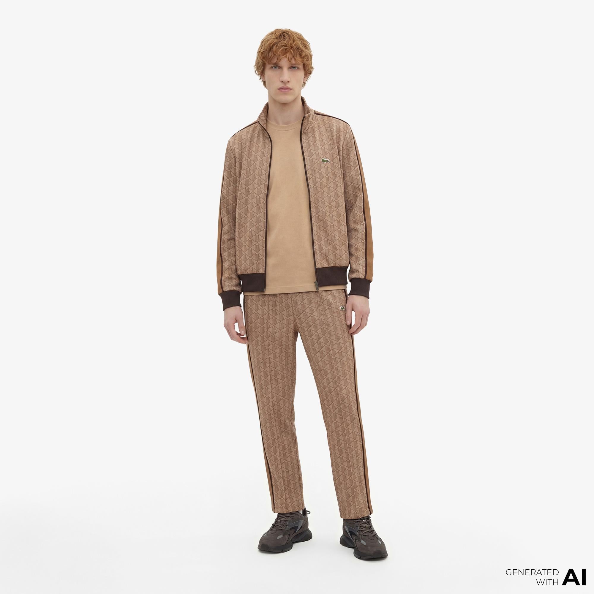 Lacoste Erkek Regular Fit Fermuarlı Monogram Kahverengi Sweatshirt