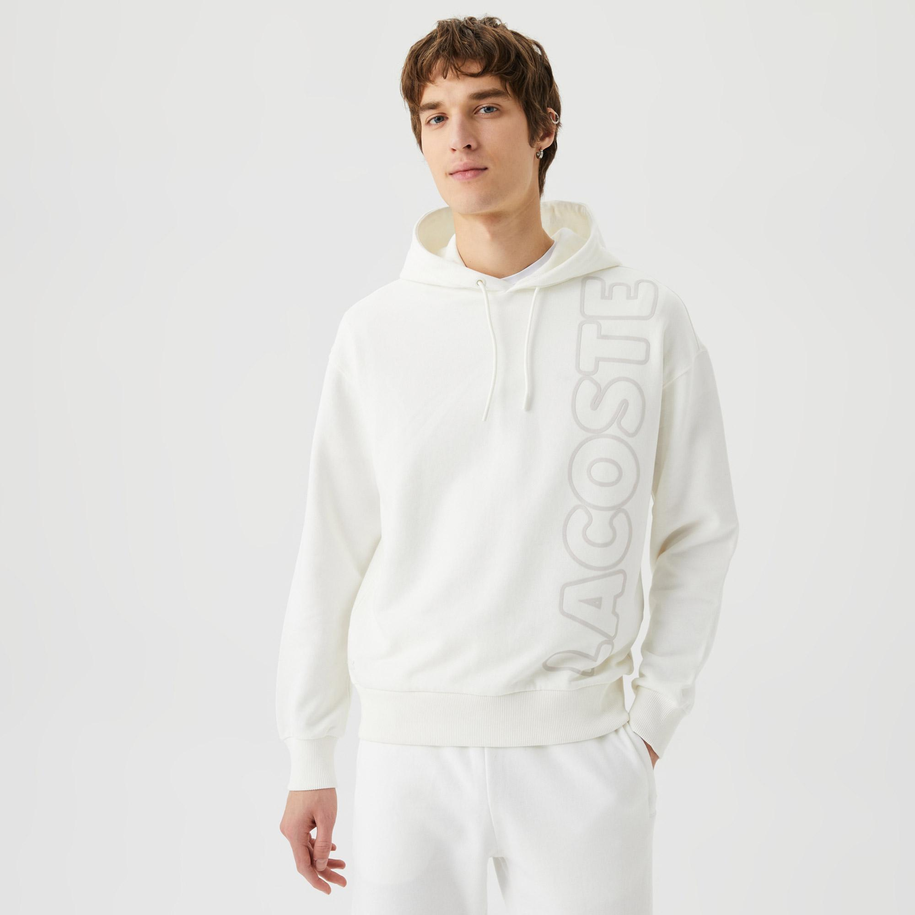 Unisex Relaxed Fit Kapüşonlu Baskılı Beyaz Sweatshirt