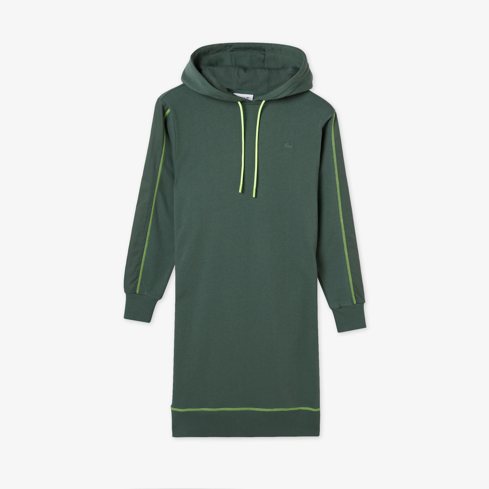 Kadın Loose Fit Uzun Kollu Kapüşonlu Desenli Haki Elbise