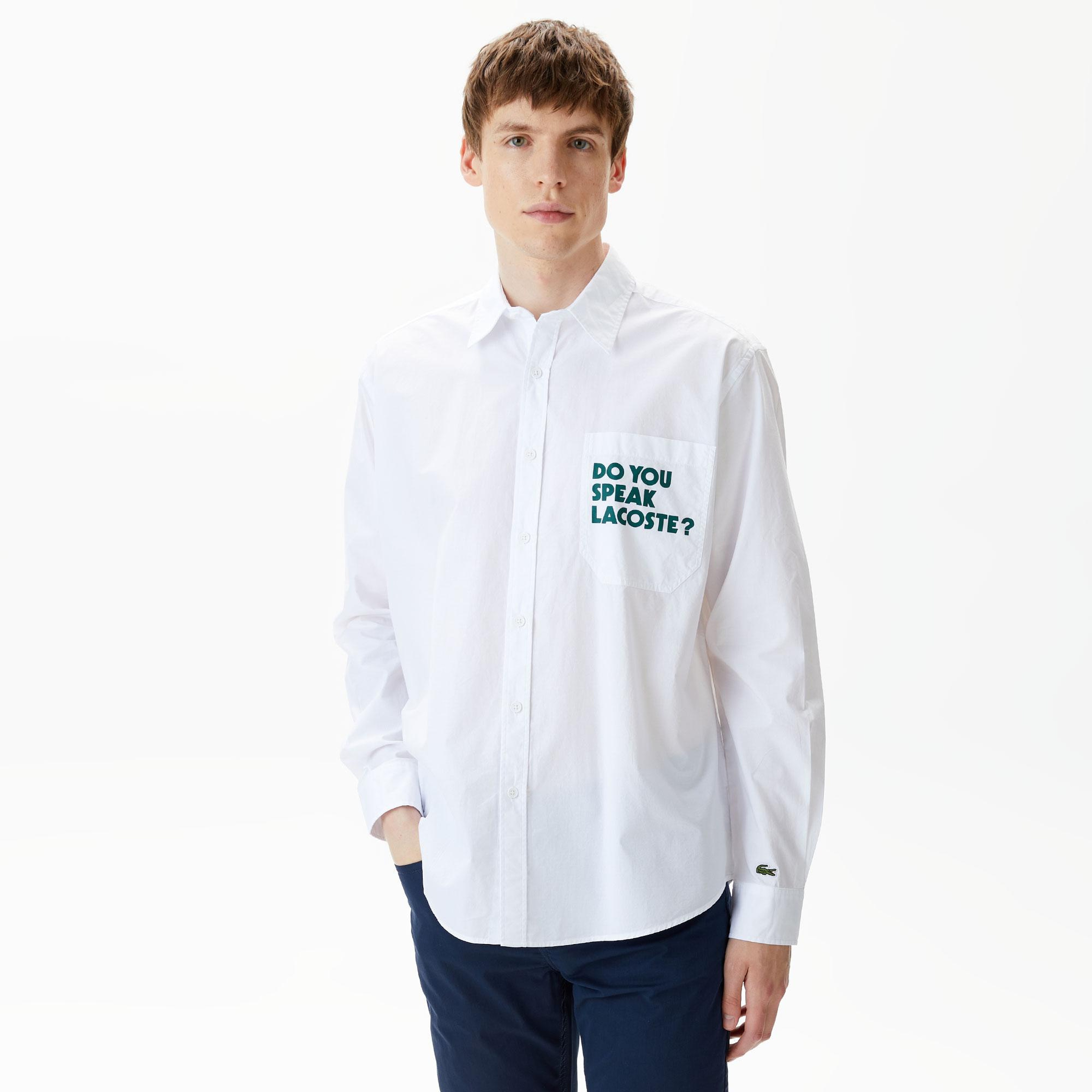 Erkek Loose Fit Baskılı Beyaz Gömlek