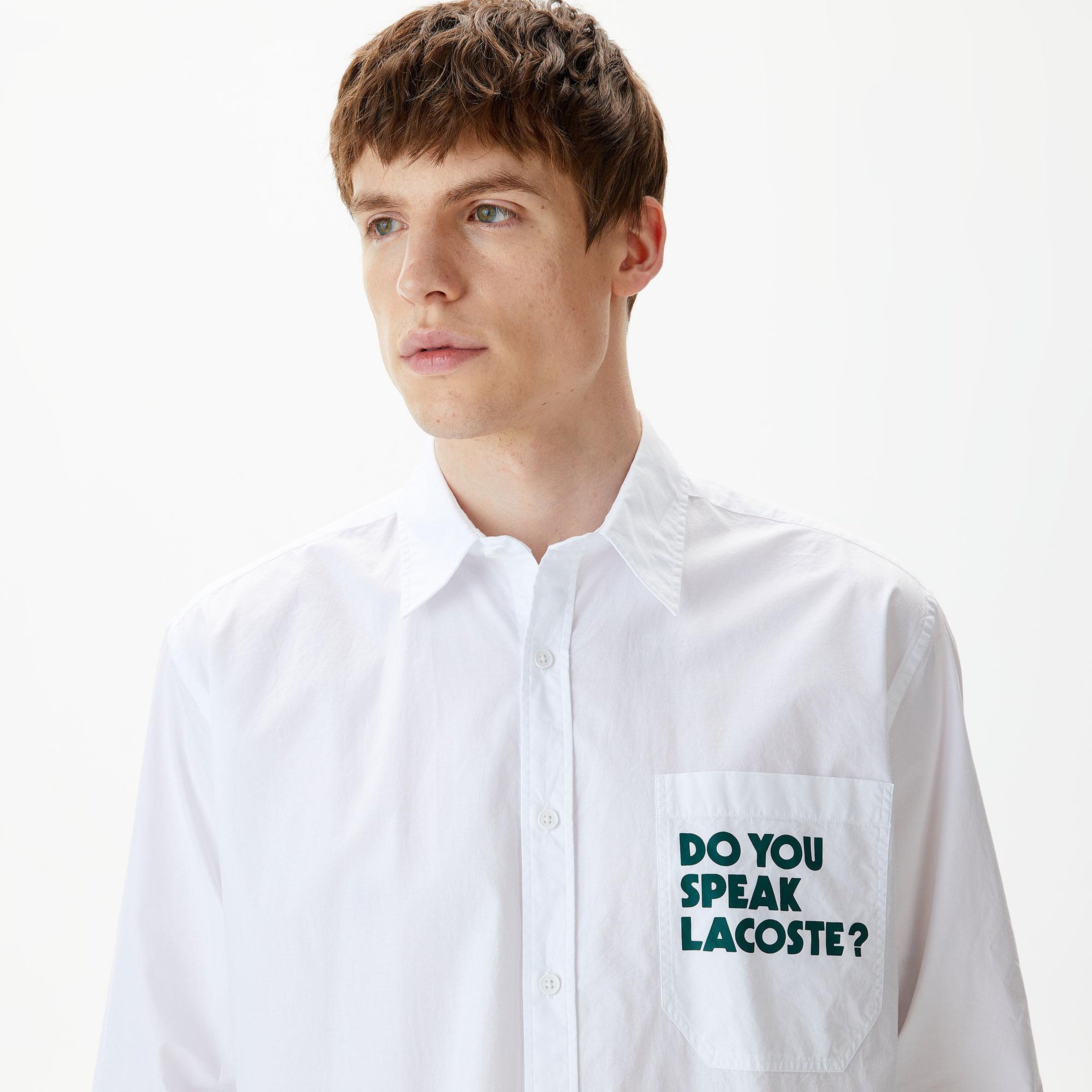 Erkek Loose Fit Baskılı Beyaz Gömlek