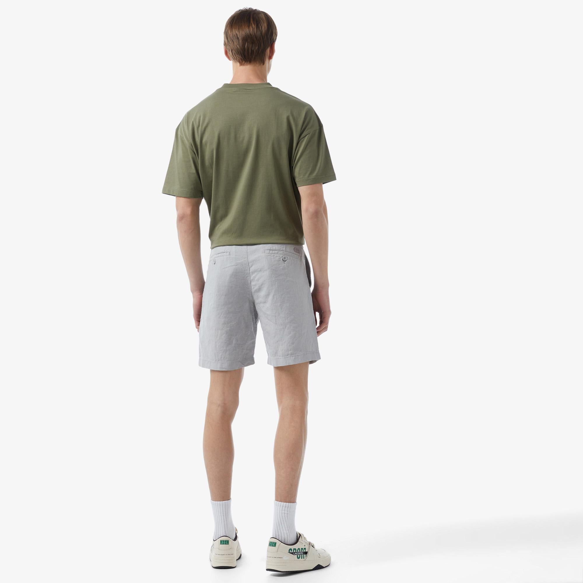 Erkek Slim Fit Keten Gri Bermuda