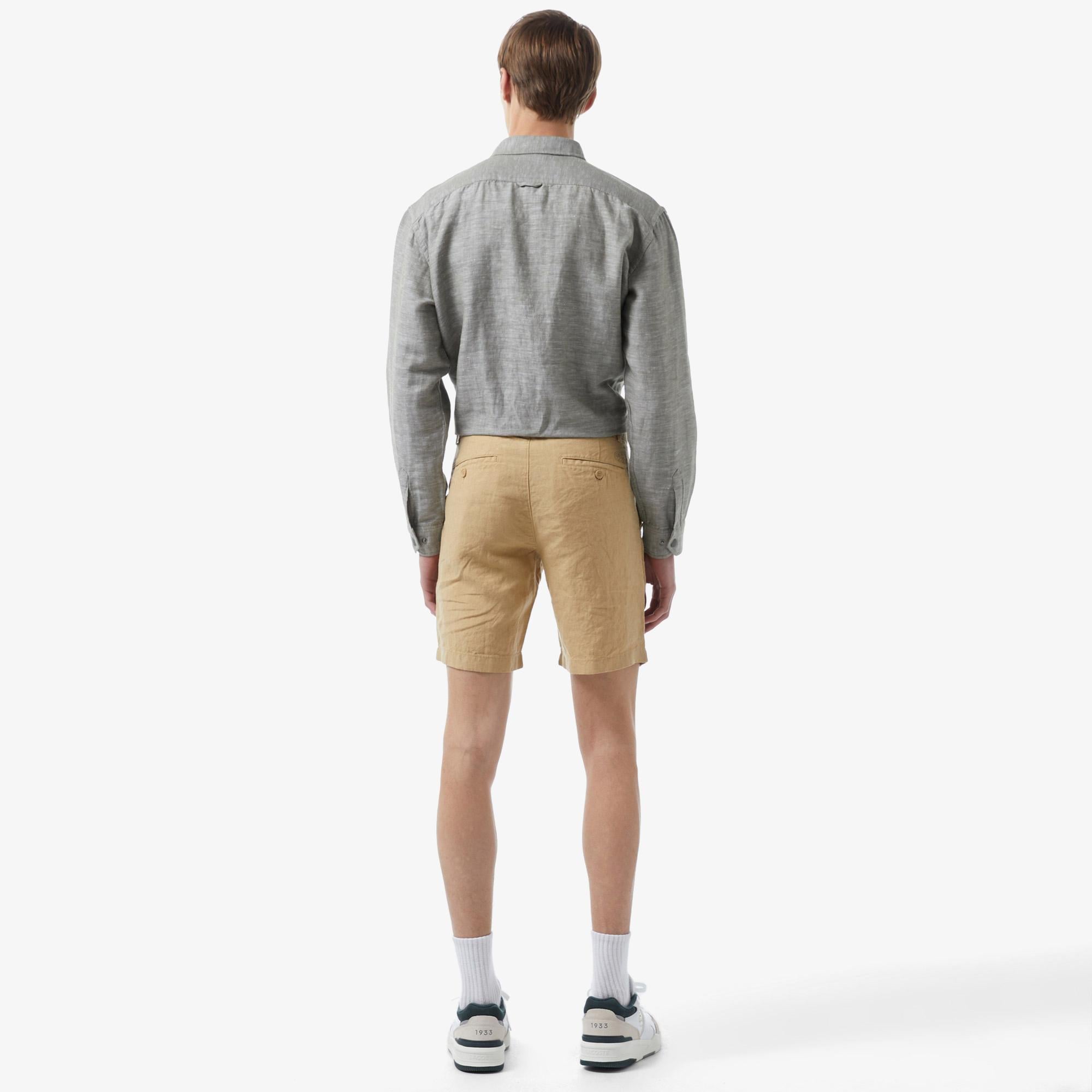 Erkek Slim Fit Keten Bej Bermuda